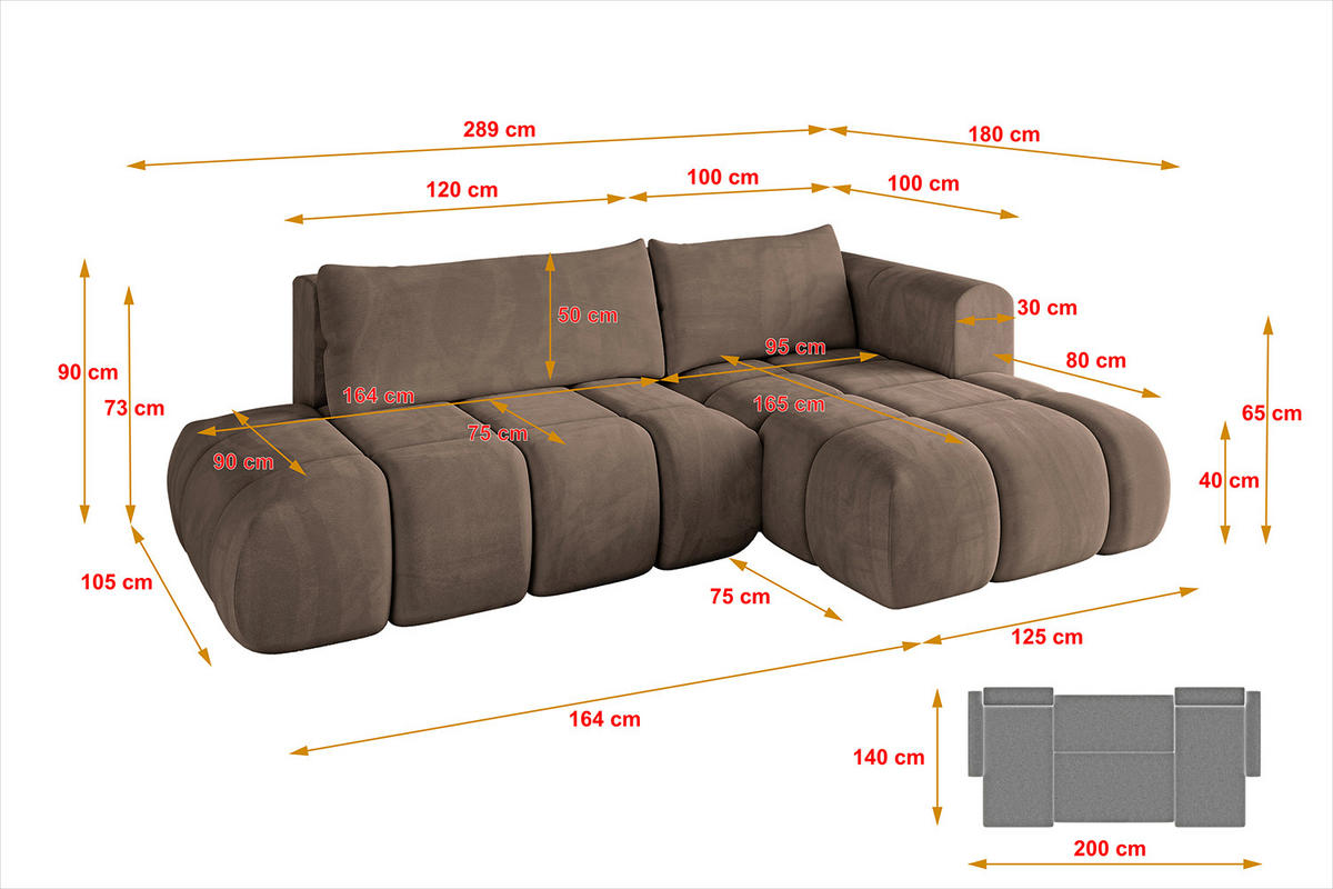 ECKSOFA Ottomane Rechts CLOUD-L 289x180x40 Braun Velours - Braun, Holzwerkstoff/Kunststoff (289/180cm) - ALTDECOR