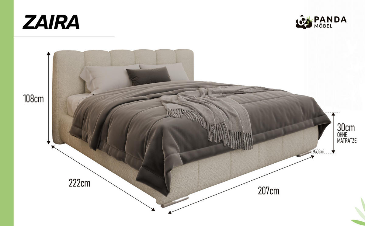 POLSTERBETT Zaira 180 x 200 cm mit Bettkasten und Lattenrost taschenfederkernmatratze mit kokos 21cm - creme - Creme, Holz (180/200cm) - Panda Möbel