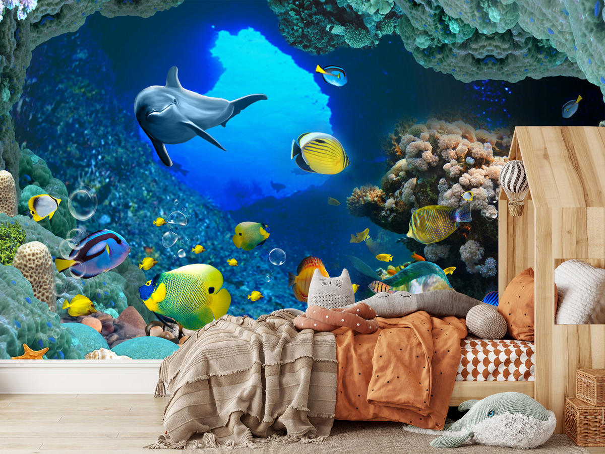 FOTOTAPETE für Badezimmer Unterwasser Korallenriffe Fische 250x175 - Türkis/Blau, Papier (250/175cm) - Muralo