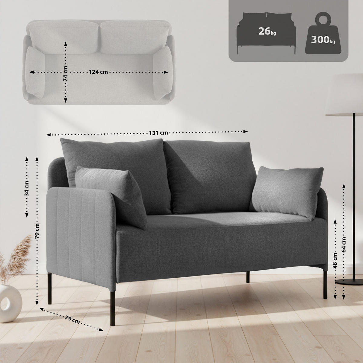 COUCH Bernd 2-Sitzer Stoff 131x79x79cm Stoff Dunkelgrau Sofa - Dunkelgrau, Kunststoff (131/79/79cm) - DELUKE