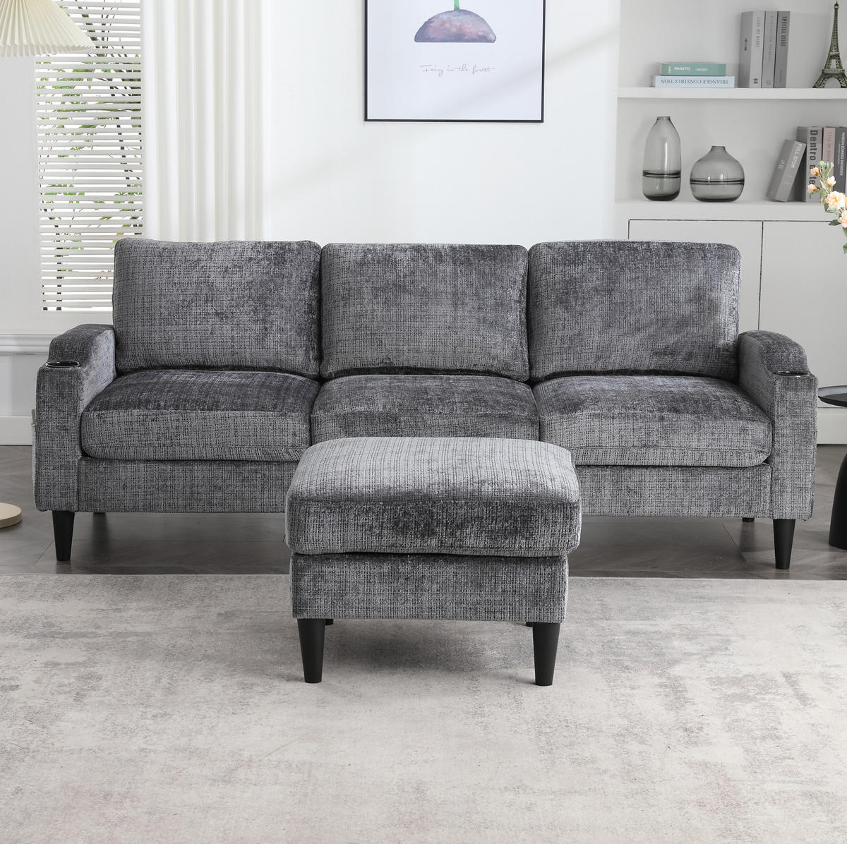 SOFA 4-Sitzer mit Hocker und Stauraum 196,5 x 75 x 77 cm Chenille Gray - Grau, Kunststoff (196.5/77/75cm) - Meubliv