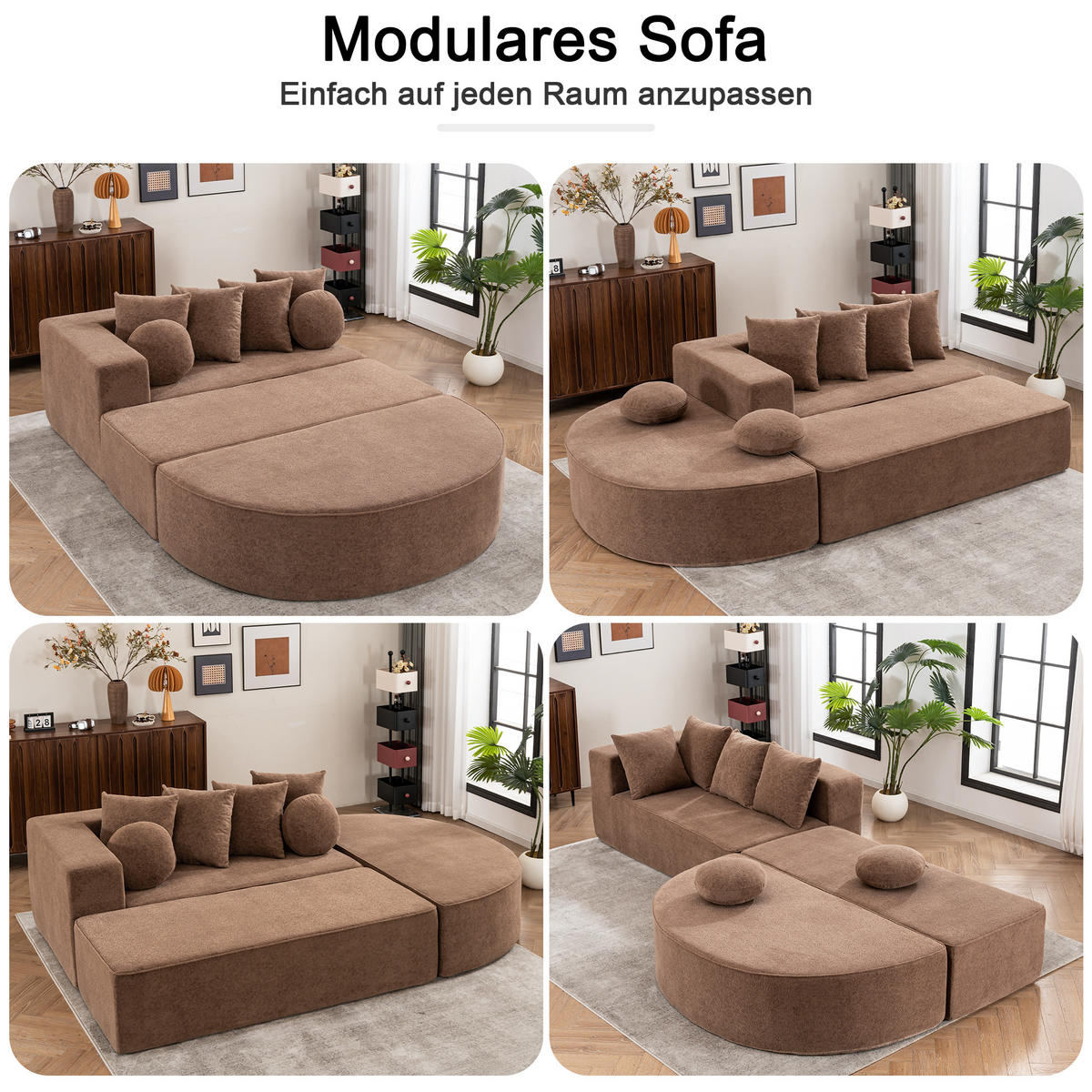 WOHNLANDSCHAFT Chenille Braun mit Kissen - Braun, Textil (263/66/171cm) - WISHDOR