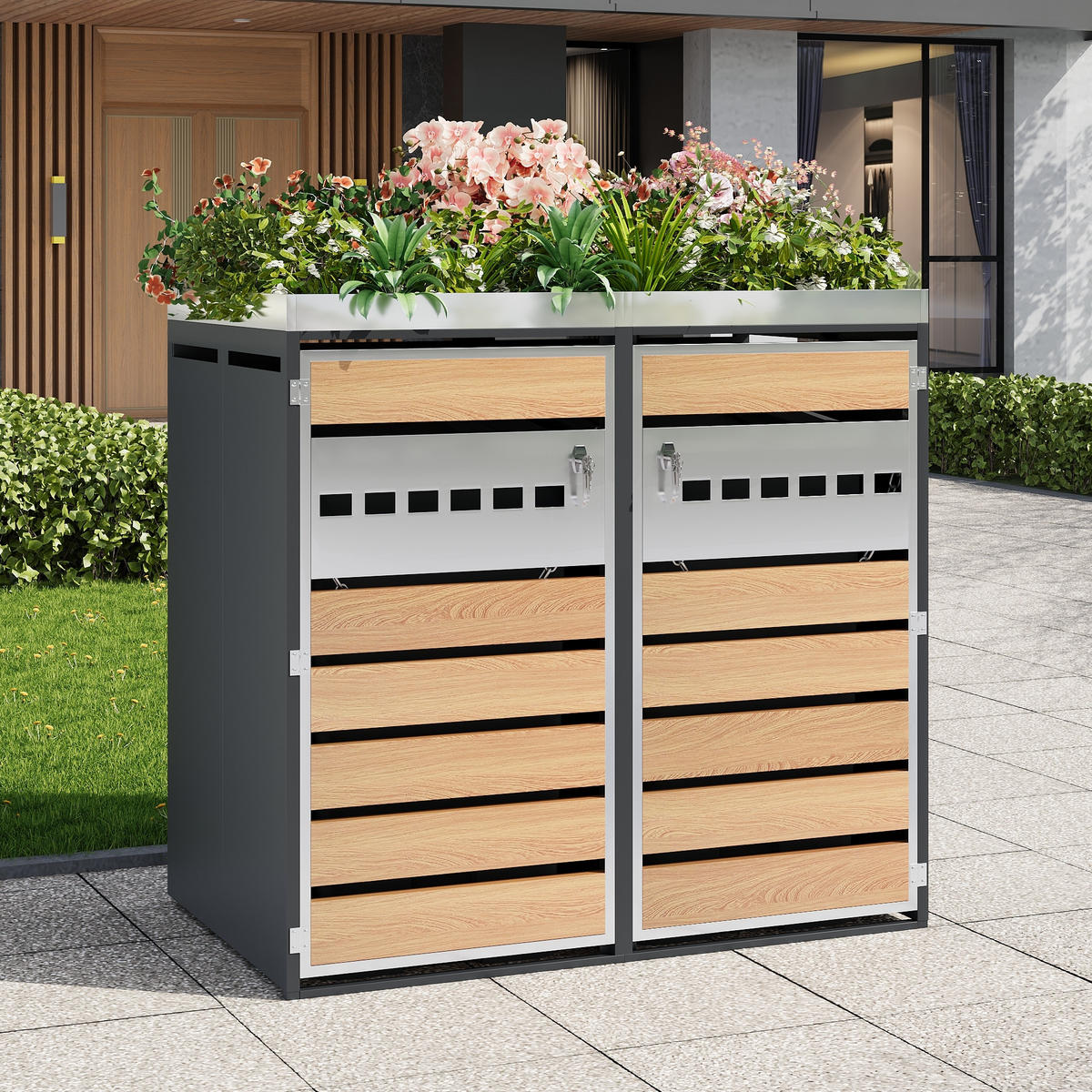 MÜLLTONNENBOX aus Stahl in Grau Holzoptik mit Pflanztrog & Belüftung - Grau, Metall (132/124.5/80cm) - Modfu