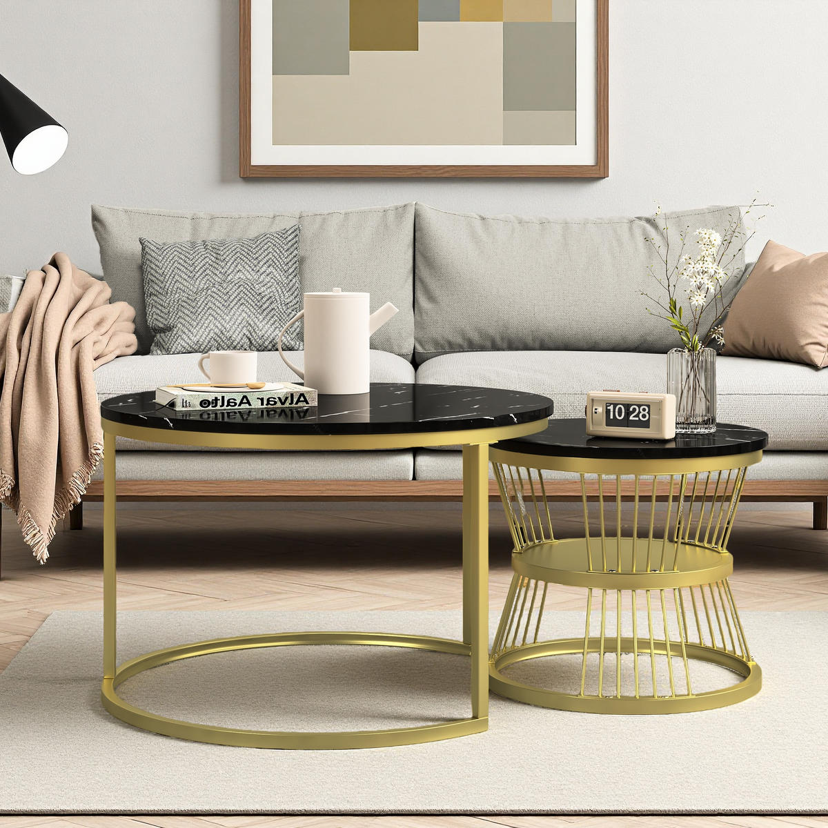 COUCHTISCH-SET Marmoroptik Schwarz, Metallgestell Gold, 2er Set - Goldfarben/Schwarz, Metall (70/70/45.5cm) - SHOPENTRA