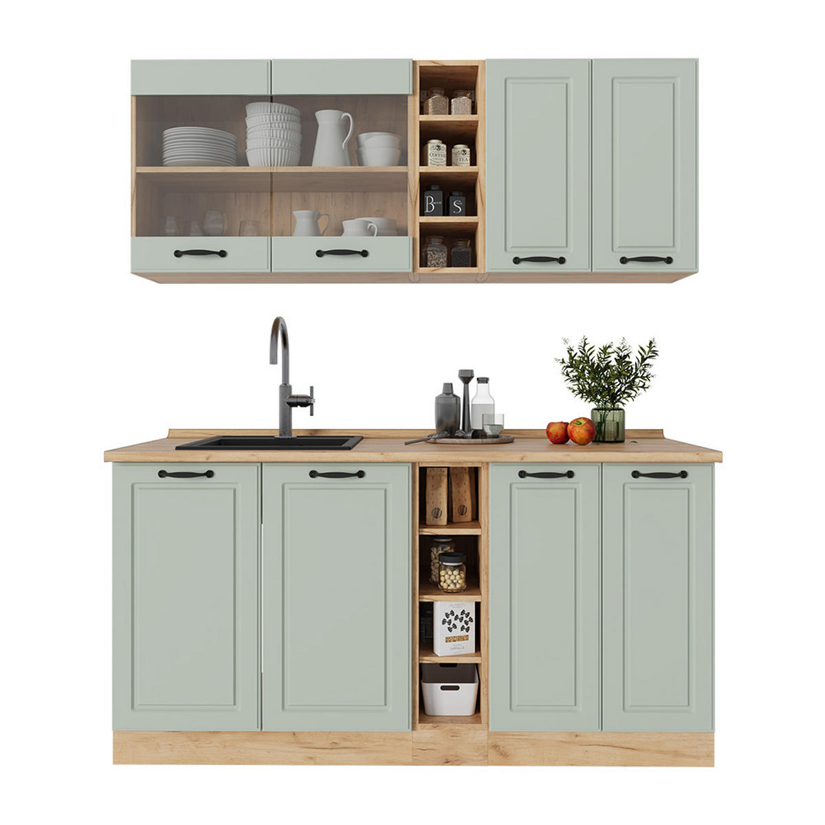 SINGLEKÜCHE R-Line, Mint Landhaus/Goldkraft Eiche, 160 cm Arbeitsplatte Marmor - Honigeiche/Grün, Holzwerkstoff (160/81.6/60cm) - Vicco