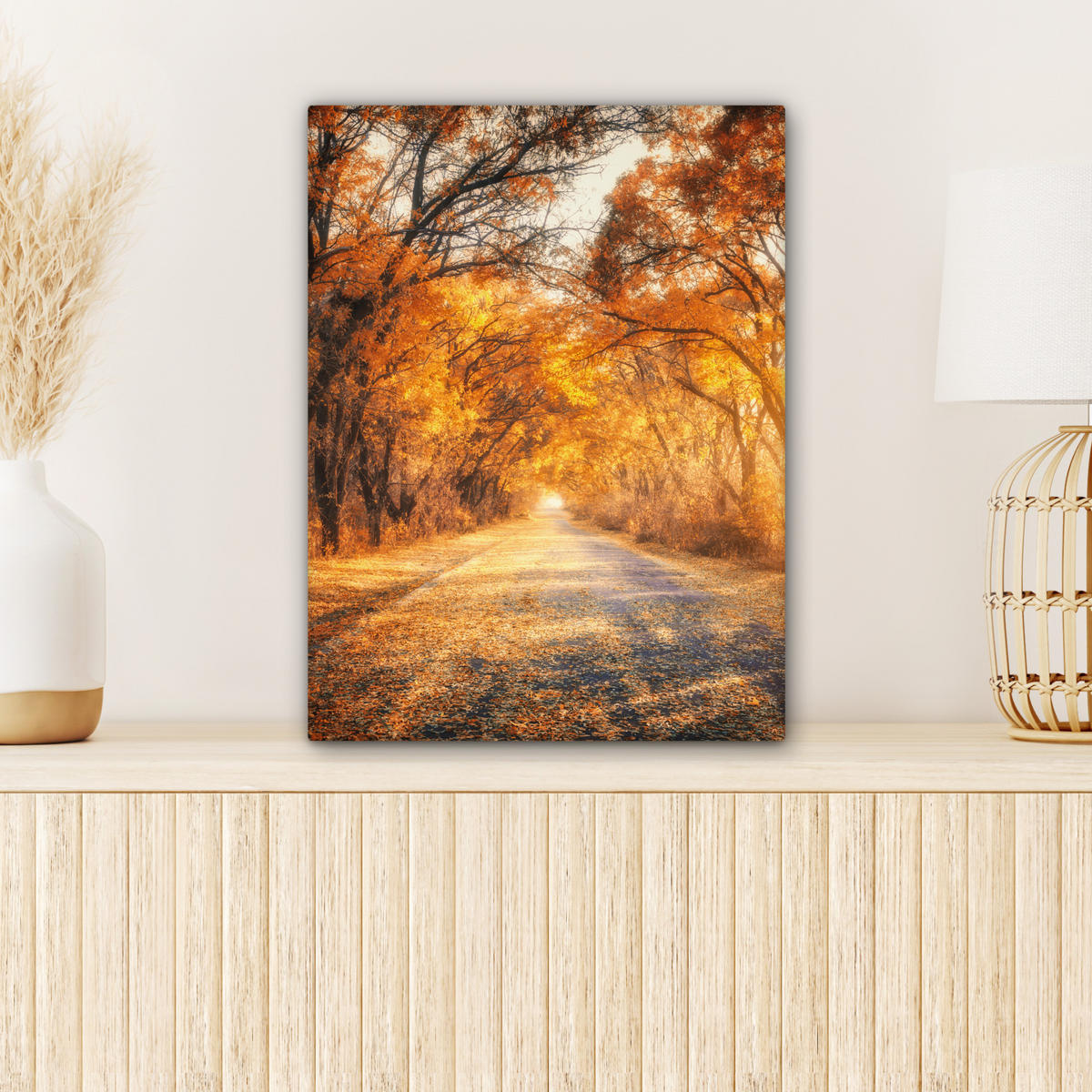 LEINWANDBILD Wald - Herbst - Bäume - Waldweg - Natur 30x40 cm - Bernsteinfarben, Textil (30/40cm) - MuchoWow