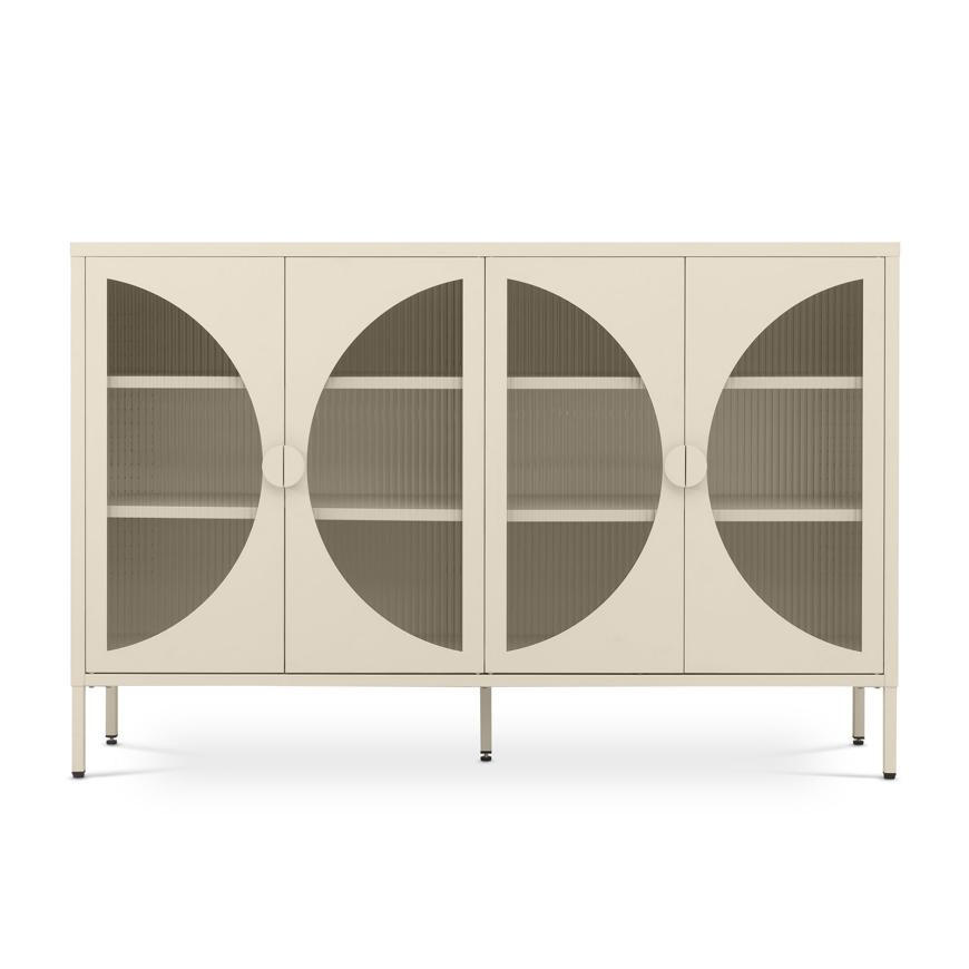 SIDEBOARD Metall 4 Türen Beige und Geriffeltes Glas 140cm ELIO - Beige, Metall (35/90/140cm) - Sicaan