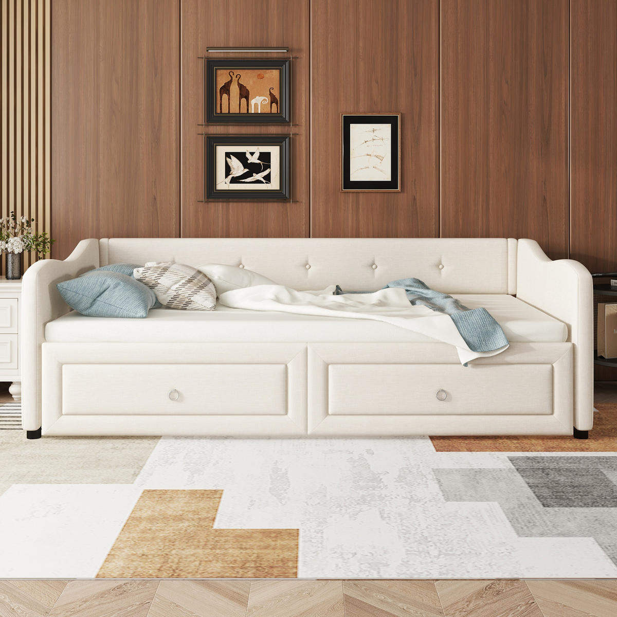 POLSTERBETT aus Leinen 90x200 cm in Beige mit Ausziehbett & 2 Schubladen - Beige, Textil (90/200cm) - Modfu
