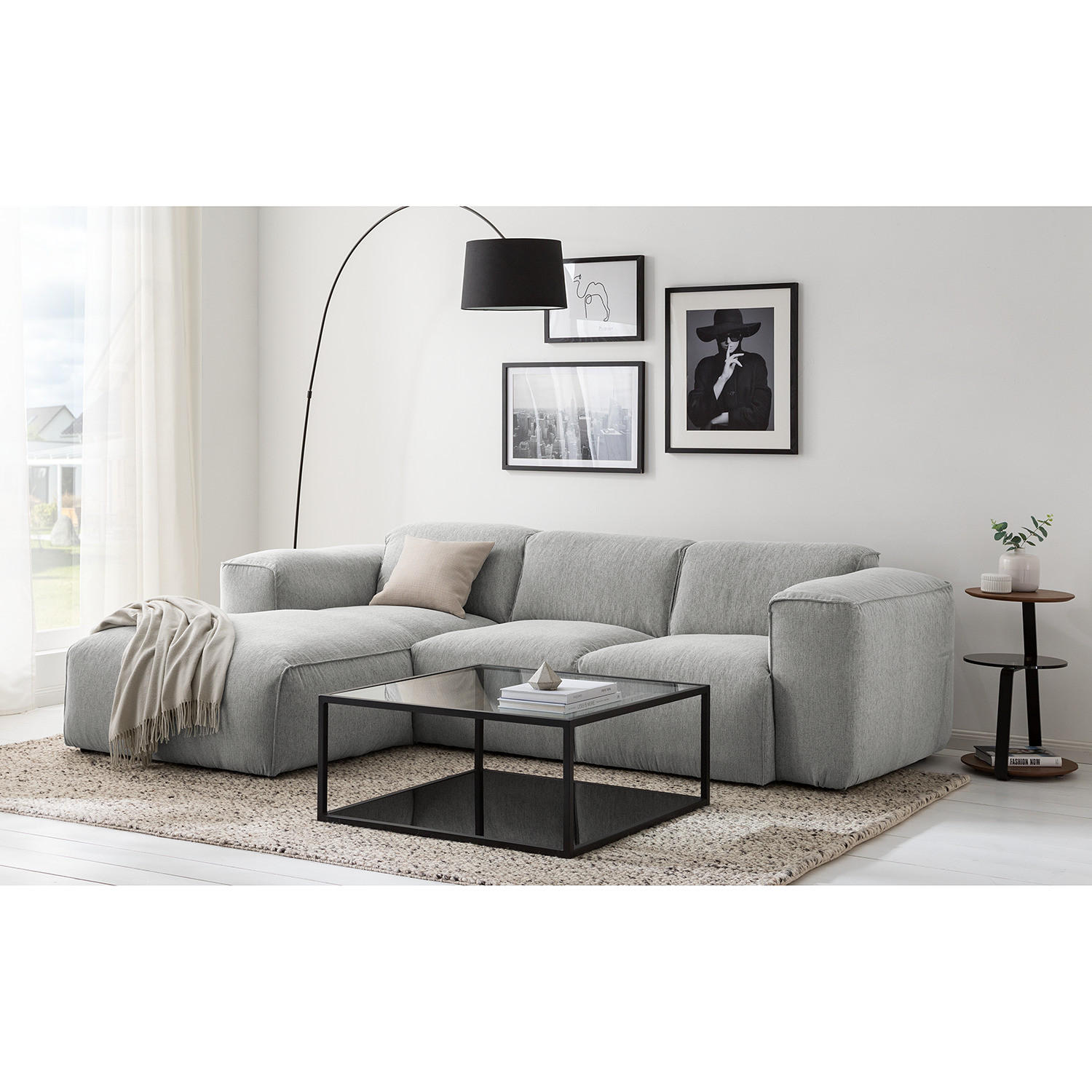 3-SITZER ECKSOFA mit Longchair - Hellgrau/Schwarz, Textil (251/173cm) - home24