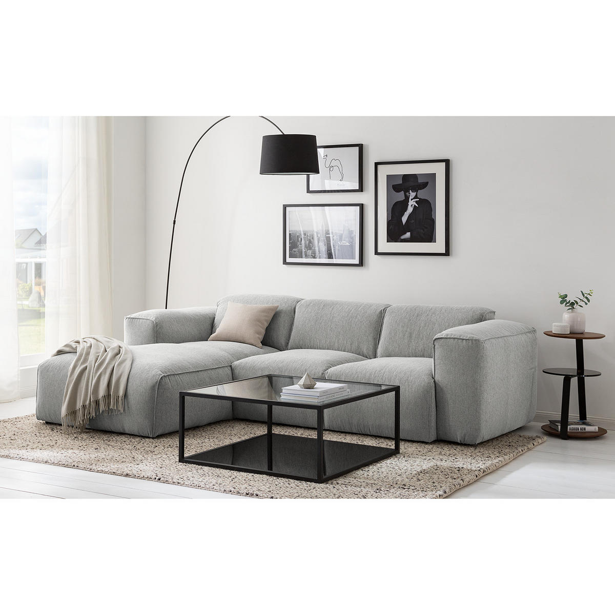 3-SITZER ECKSOFA mit Longchair - Hellgrau/Schwarz, Textil (251/173cm) - home24