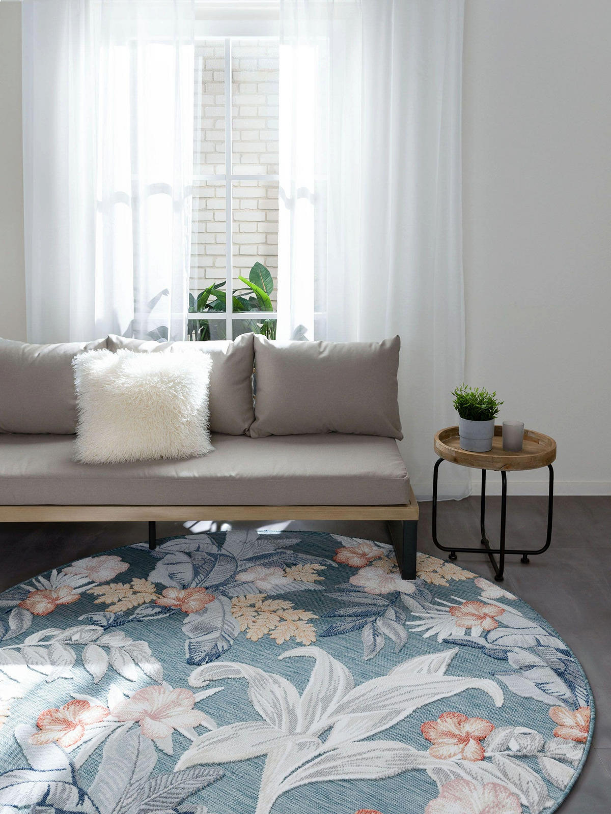 OUTDOORTEPPICH Flora Multicolor ø 200 cm rund - Blau/Creme, Kunststoff (200/200cm) - benuta