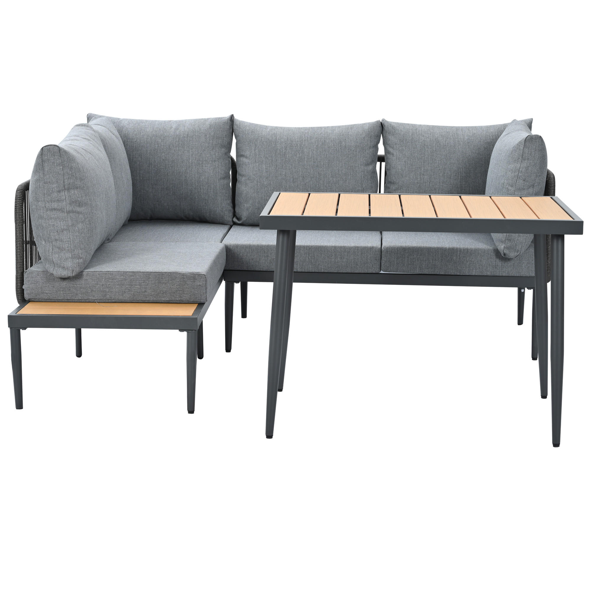 GARTENESSGRUPPE Grau mit Ecksofa & Esstisch aus Kunststoffholz - Grau, Textil - PANGIVO