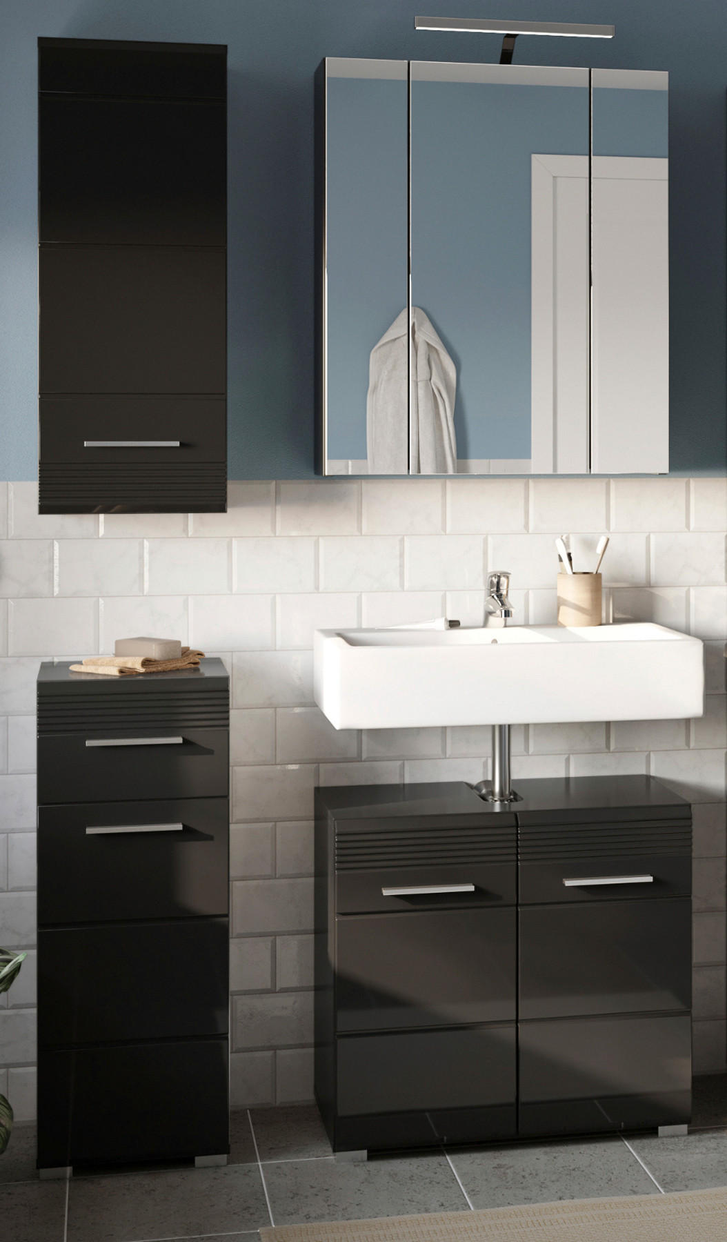 BADMÖBEL-SET schwarz Hochglanz 4-teilig 105 cm - Schwarz, Holzwerkstoff (105/182/34cm) - Inn.Furn