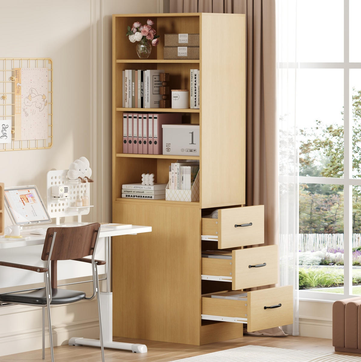 HIGHBOARD 60/38/180 cm in Eiche mit 3 Seitenschubladen und verstellbaren Böden - Eichefarben, Holzwerkstoff (60/180/38cm) - Flora Grace