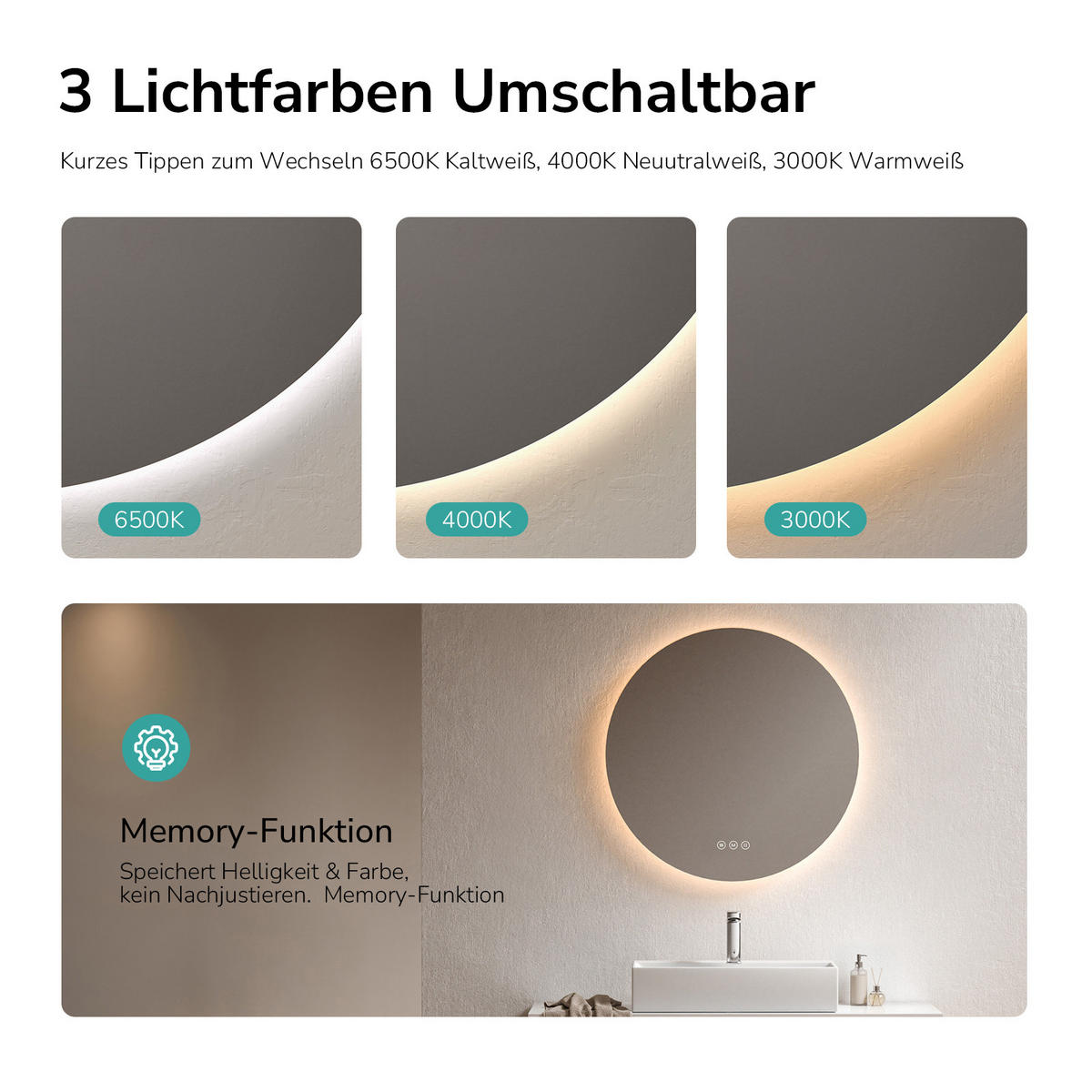 BADSPIEGEL Runder mit Antibeschlag Dreifarbige Beleuchtung ф70 cm - Weiß, Glas (70/3.5/70cm) - EMKE