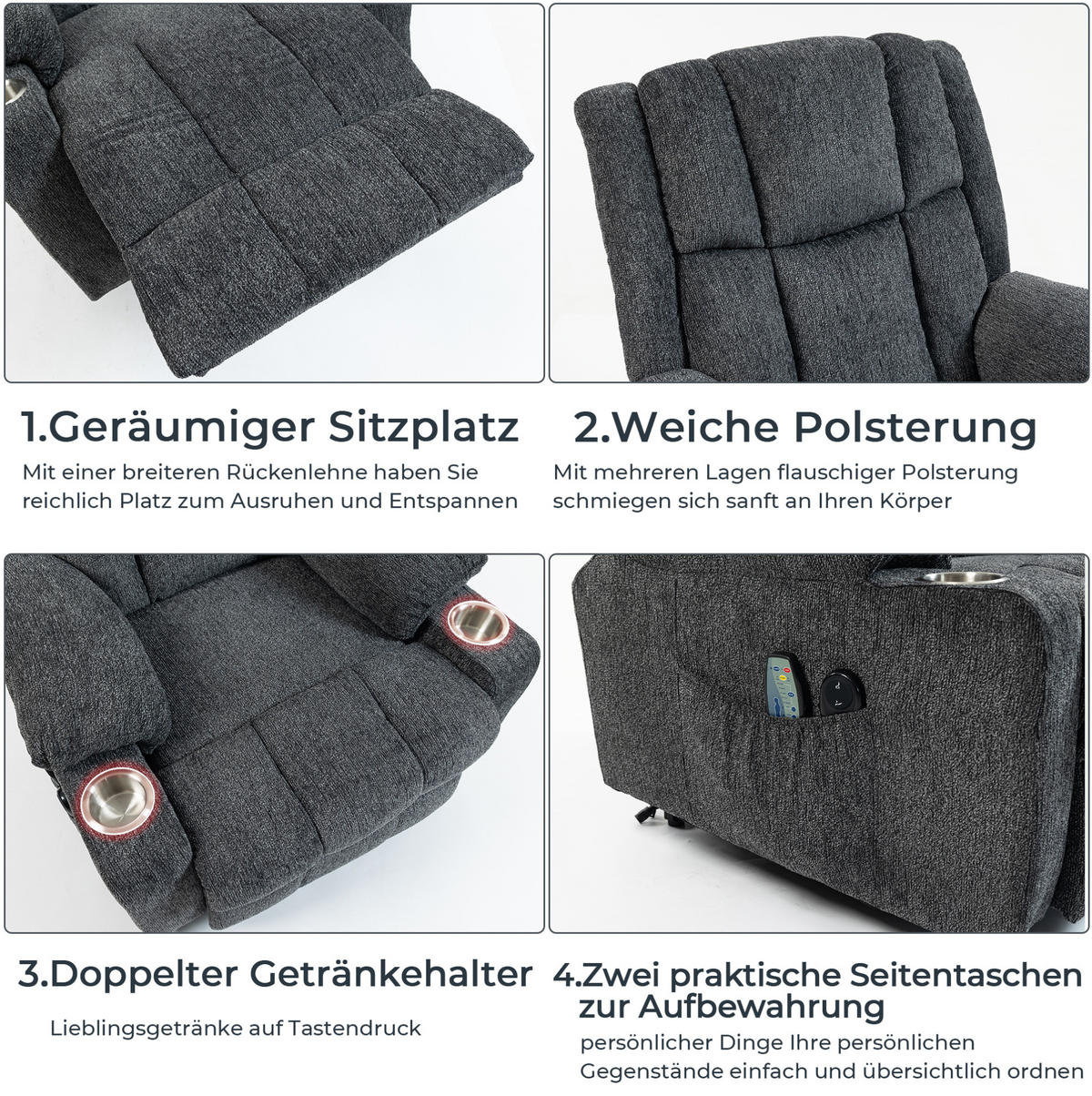 POLOHOVACÍ křeslo tmavě šedé ze sametu s elektrickým vstáváním, masáží, ohřevem a podnožkou - tmavě šedá, textil (84/106/91cm) - OKWISH