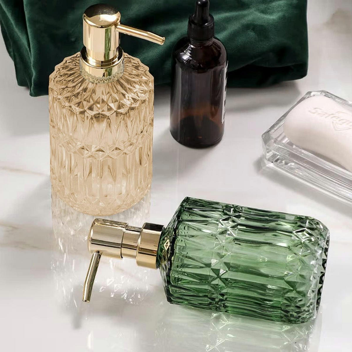 SEIFENSPENDER 2er Set Glas Grün Gold 390ml - Grün, Glas (8/8/22cm)