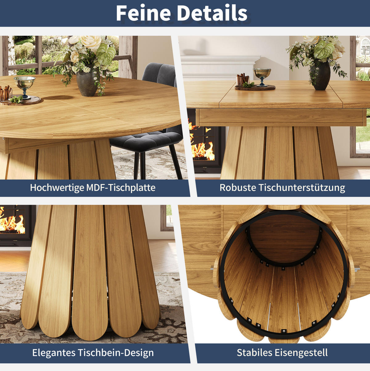ESSTISCH aus MDF 118(158)x118x76,8 cm Naturfarben ausziehbar mit Holzoptik und runder Tischplatte - Naturfarben, Holzwerkstoff (158/118/76cm) - Modfu