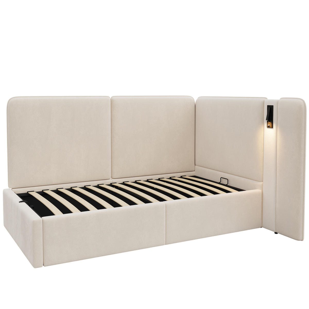 BETT 90/200 cm in Beige – mit Bettkasten, USB-C/USB und Lattenrost - Beige, Textil (90/200cm) - BEAOK
