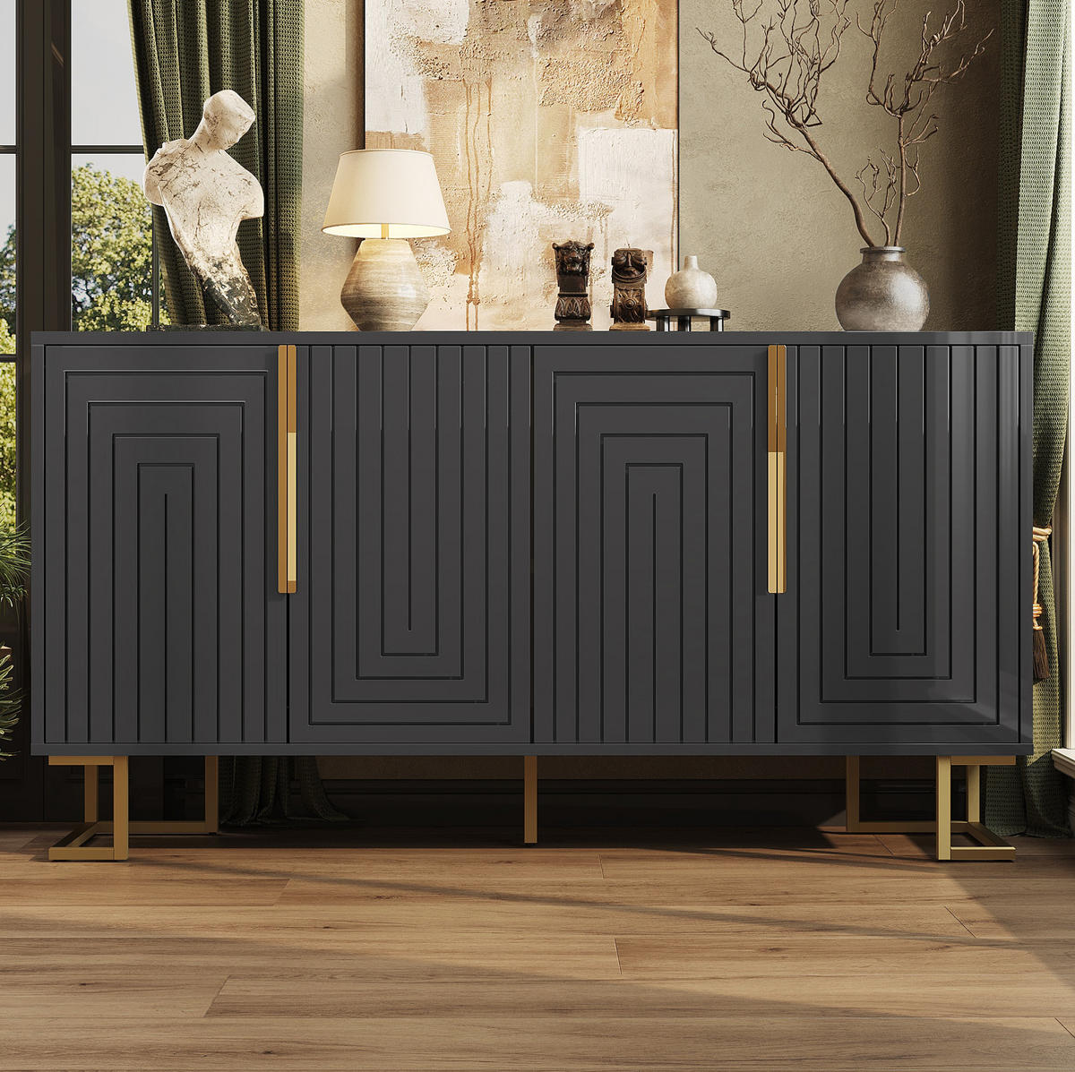 SIDEBOARD 152/40/75 cm mit 2 Türen, 4 Fächern und Kippschutz aus MDF, Schwarz - Schwarz, Holzwerkstoff (152/75/40cm) - Redom