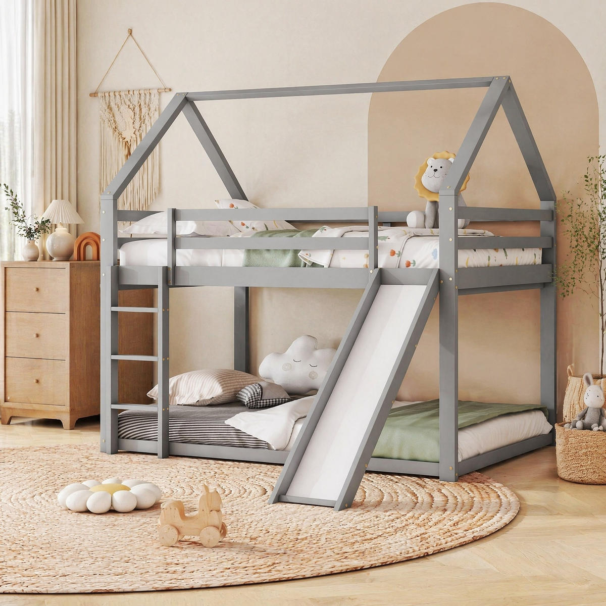 ETAGENBETT 140/200 mit Rutsche, Leiter und Geländer in Grau - Grau, Holz (140/200cm) - EVRYAE