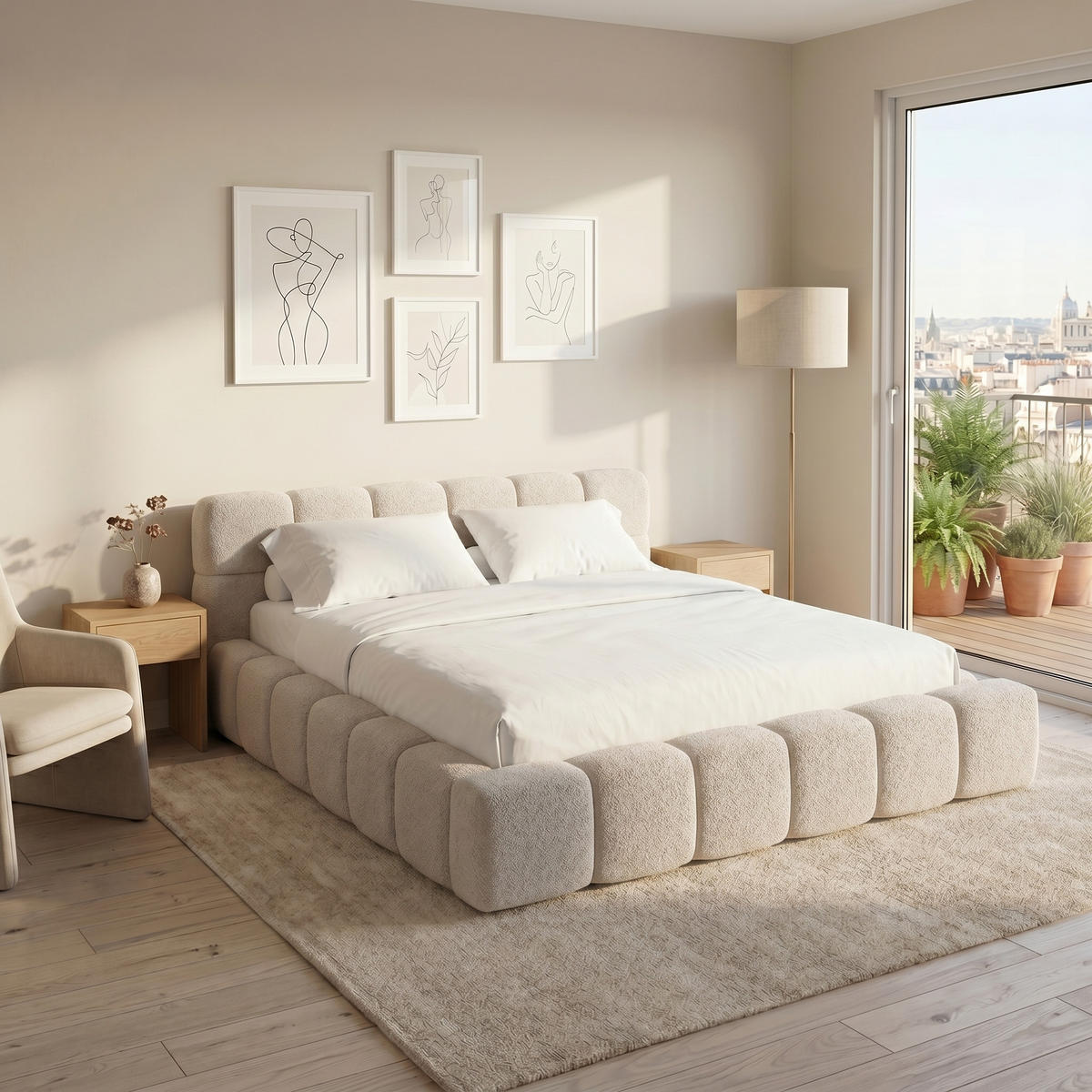 POLSTERBETT AMITY 140x200 cm in Beige, gepolstertes Kopfteil, Lattenrost, Bettkasten, Bouclé-Stoff - Beige/Naturfarben, Holz/Textil (140/200cm) - Muffo