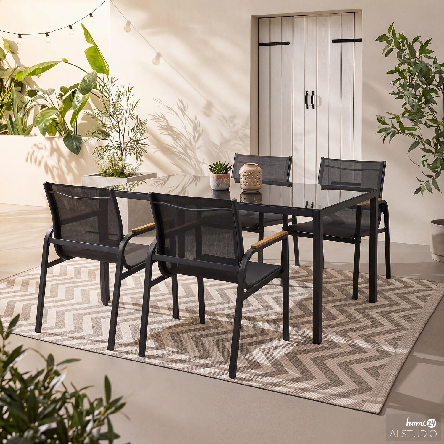 GARTENESSGRUPPE - 5-teilig - Stahl / Glas / Olefin - Anthrazit, Glas/Textil - home24