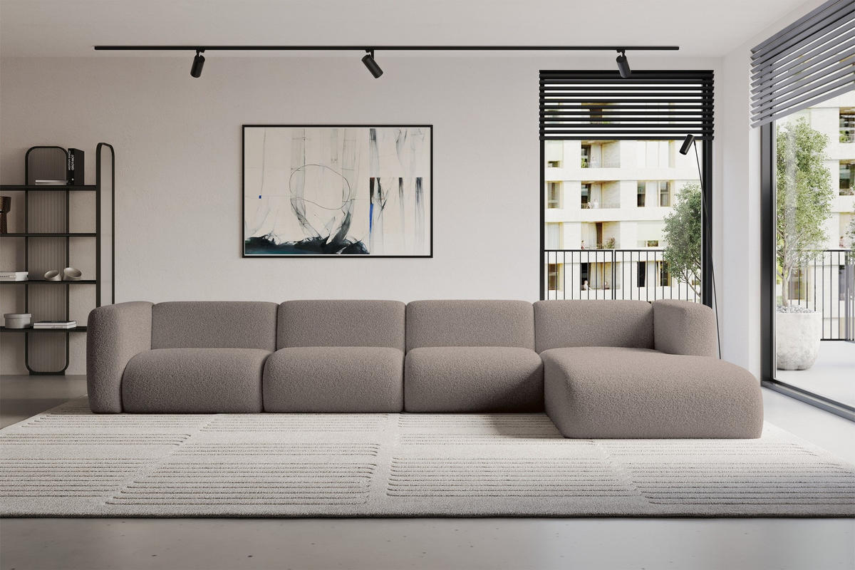 ECKSOFA Ottomane Rechts MIRA-L3 409x179x70 Braun Bouclé - Dunkelbraun/Schwarz, Holzwerkstoff/Kunststoff (409/179cm) - ALTDECOR