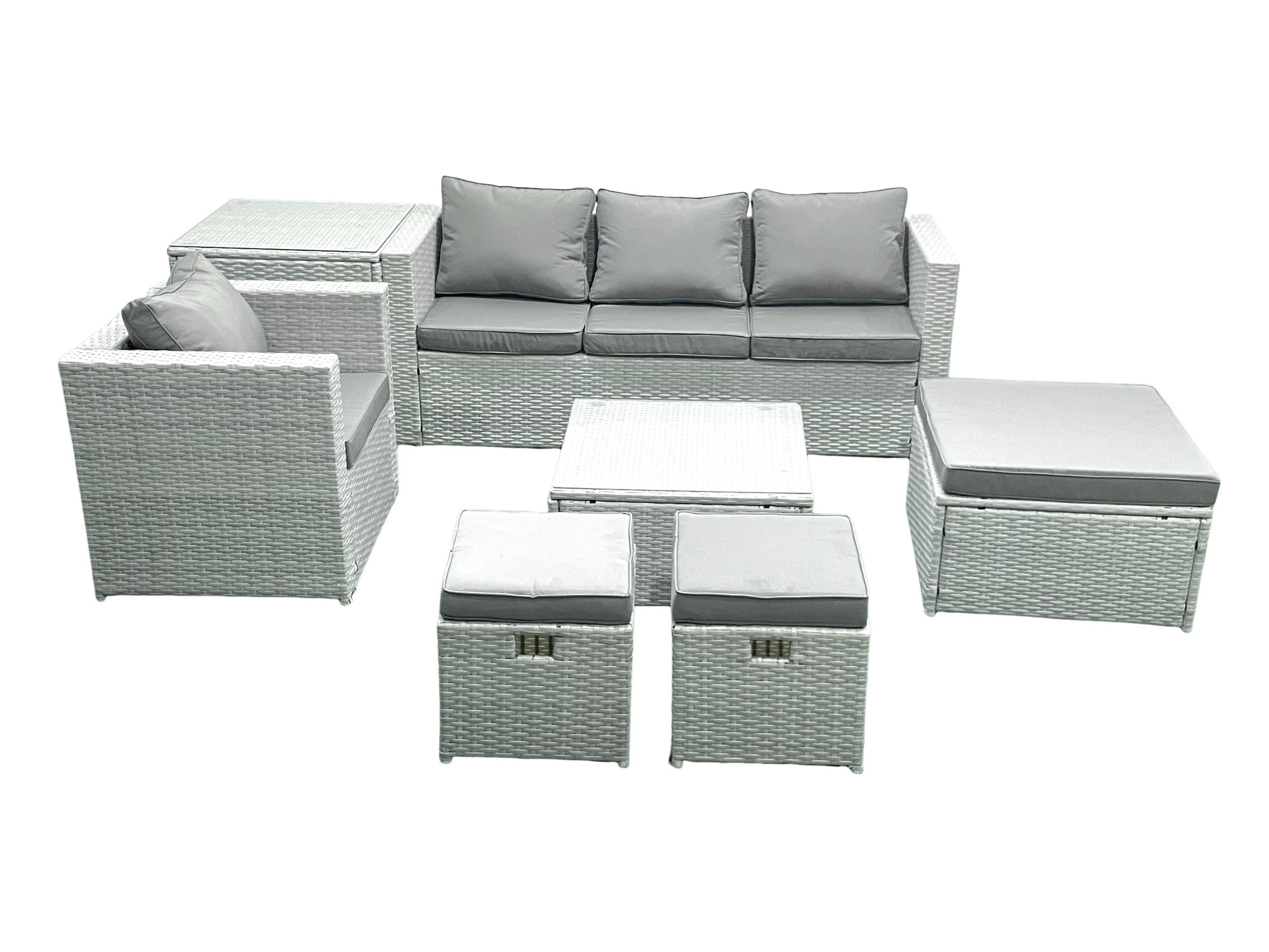 GARTENMÖBELSET mit 3-SITZER SOFA,COUCHTISCH Polyrattan Hellgrau-Mix 7-Sitzer - Hellgrau/Grau, Glas/Kunststoff - Fimous