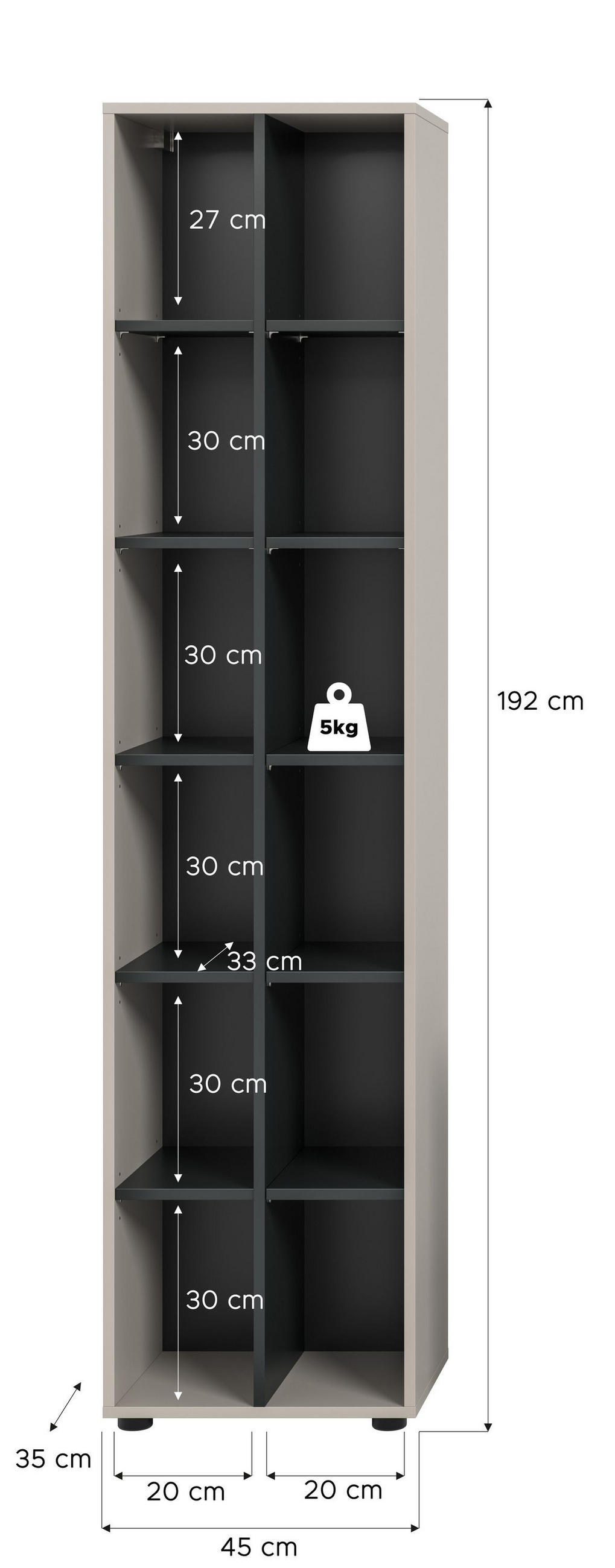 STAURAUMREGAL Nola (B/H/T: ca. 45/192/35 cm) in Kaschmir/Kaschmir - Kaschmir, Holzwerkstoff (45/192/35cm)
