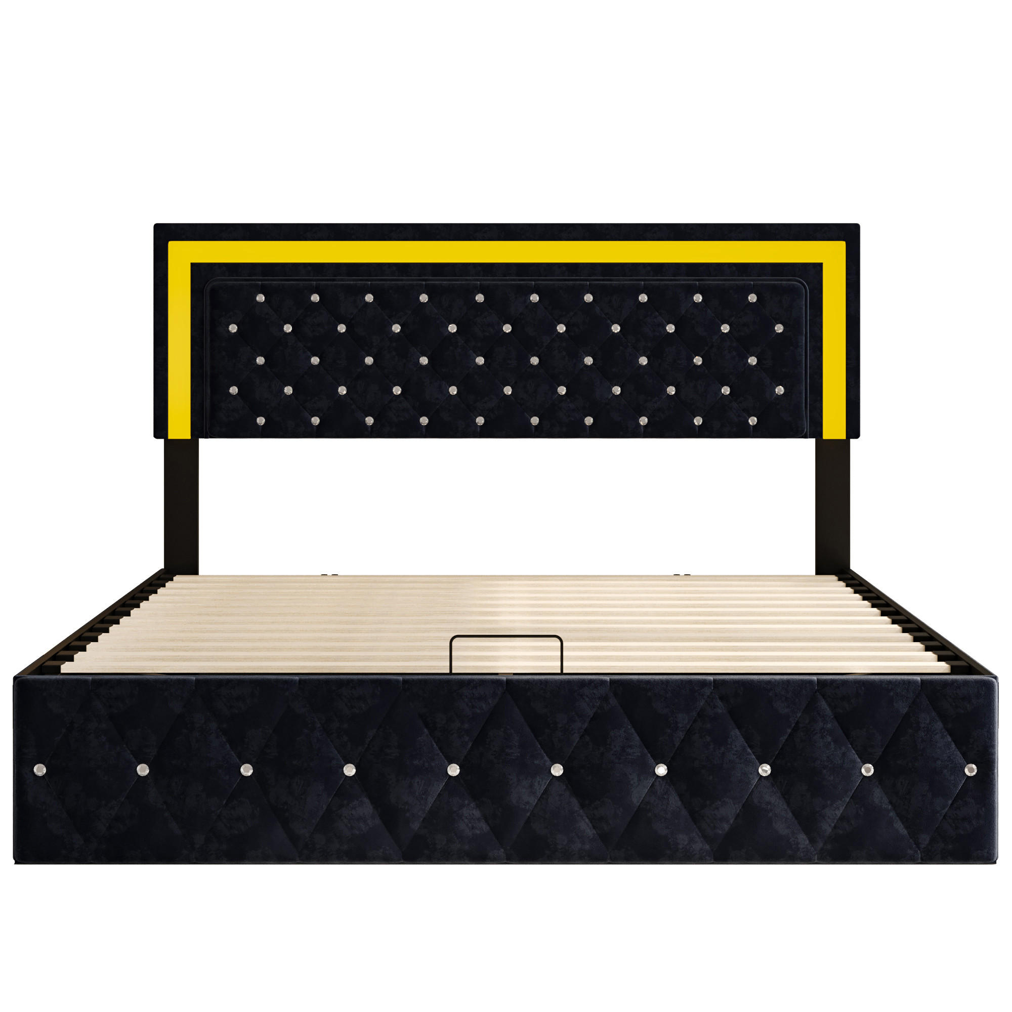 BETT 160x200 cm mit LED, Doppelbett 160x200 cm mit Bettkasten, Lattenrost, Polsterbett Skandinavisches Design, Schwarz Samt - Schwarz, Metall (160/200cm) - GENKI LIVING