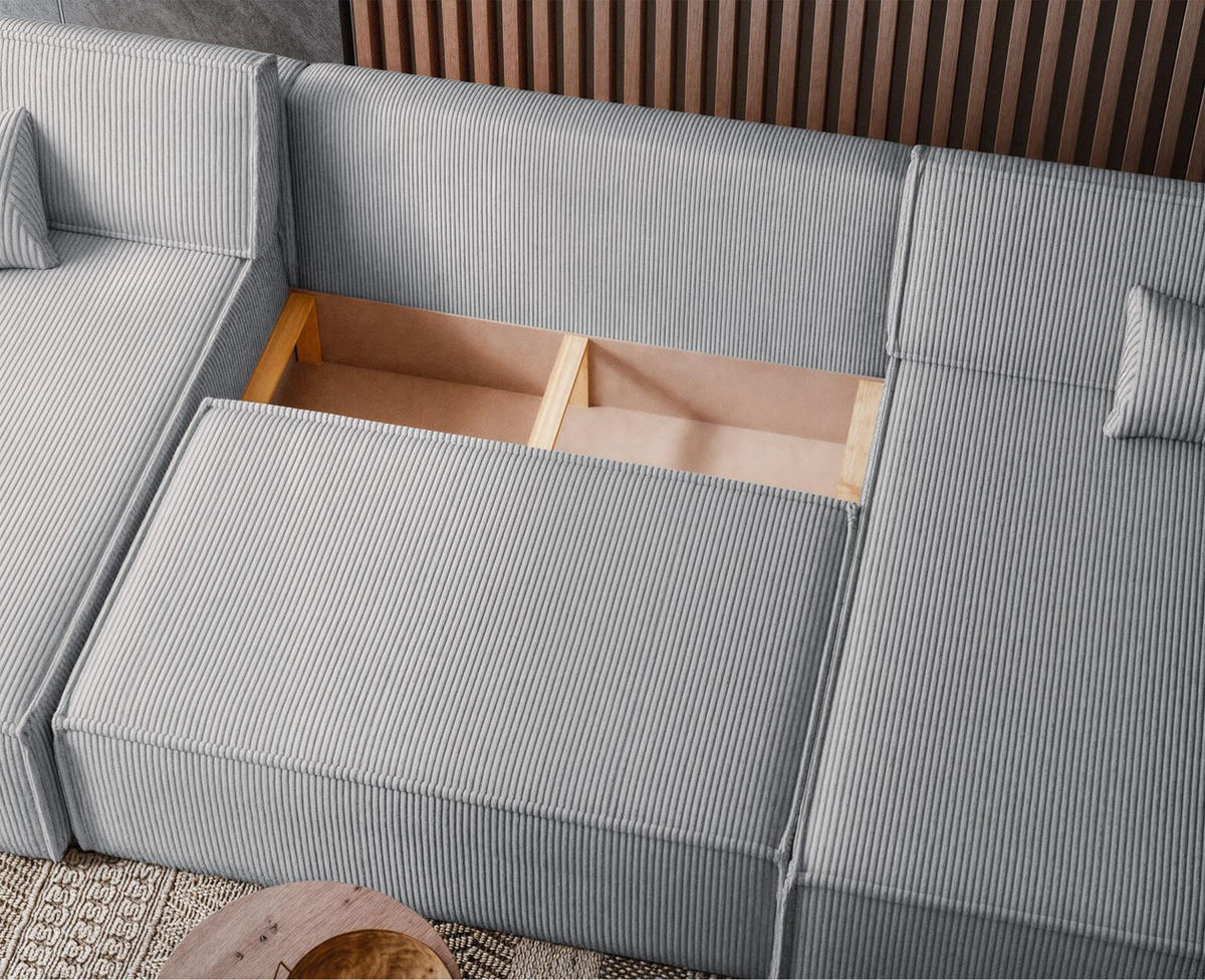 WOHNLANDSCHAFT Scarlo Hellgrau Cordbezug - Hellgrau/Schwarz, Kunststoff/Textil (312/83/145cm) - Selsey