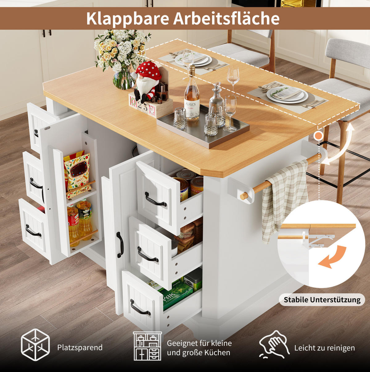 KÜCHENINSEL 120/45/91 cm weiß aus MDF/Metall auf Rollen - Weiß, Holzwerkstoff (120/91/45cm) - OKWISH