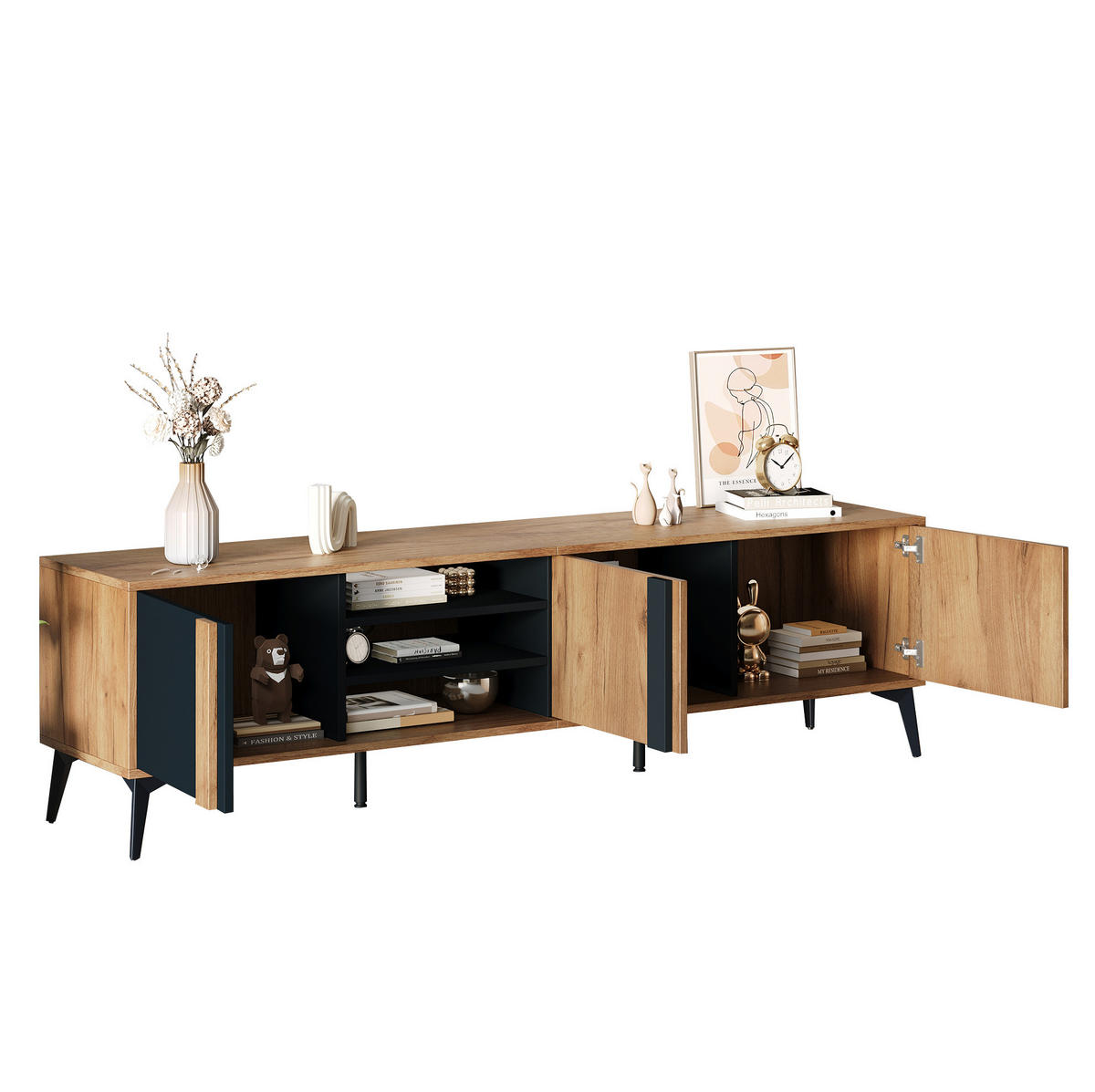 TV-LOWBOARD aus Spanplatte und Eisen 180x40x50 cm Schwarz/Braun mit 3 Türen und 4 offenen Fächern - Schwarz, Holzwerkstoff (180/50/40cm) - IVMEU