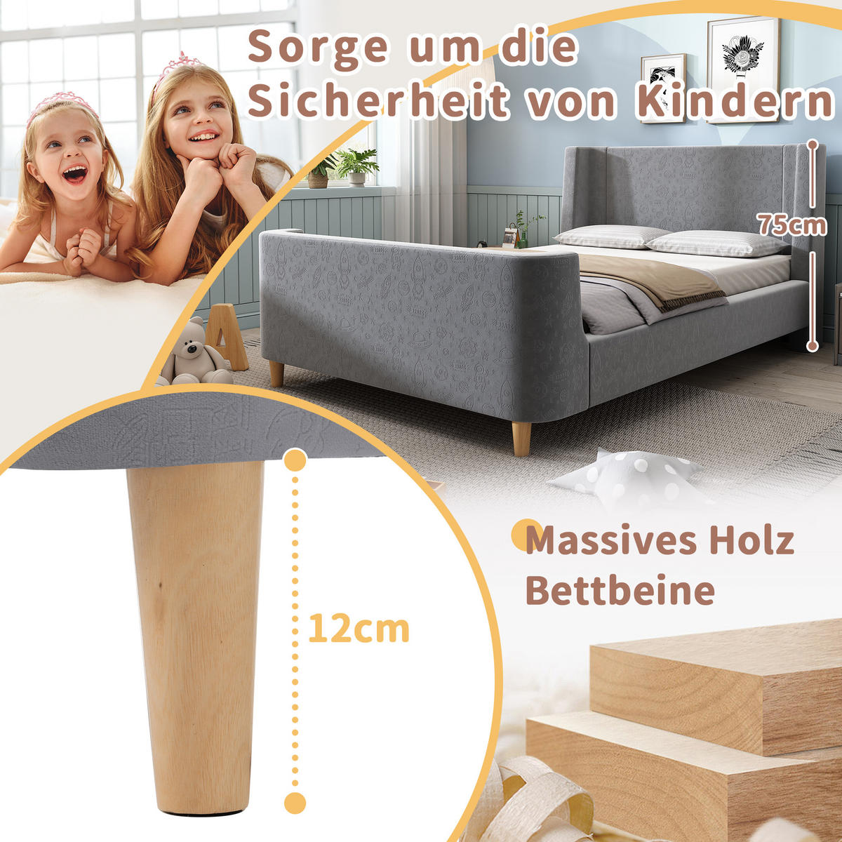 KINDERBETT 90/200 cm in Grau Samt - Grau, Holzwerkstoff/Textil (90/200cm) - WISHDOR
