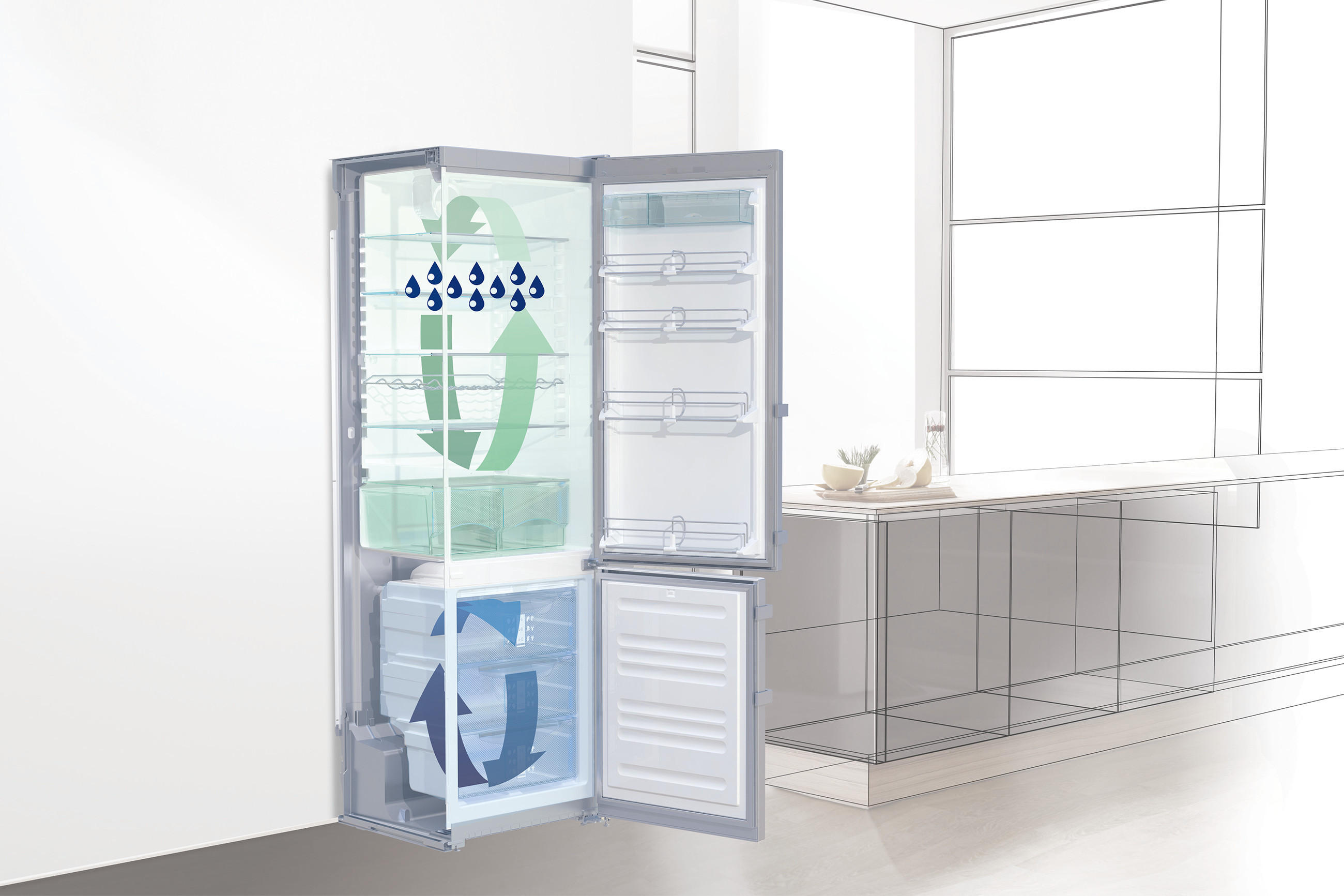 Skizze von Küchenplanung mit Kühlgerät von LIEBHERR mit DuoCooling Technologie, die mit blauen und grünen Pfeilsymbolen in den beiden Kühlräumen erklärt wird.
