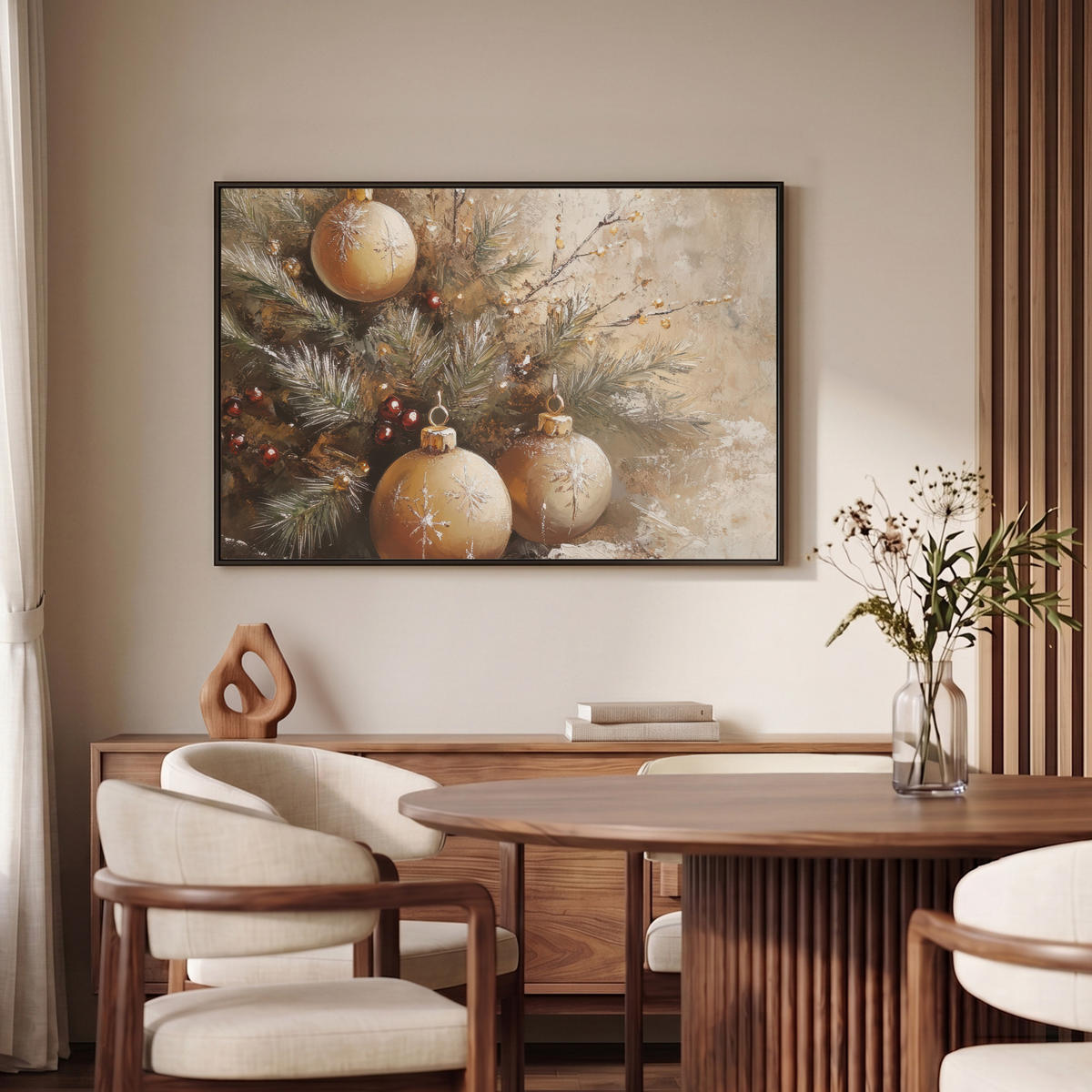 LEINWAND Bilder mit Rahmen - Weihnachten - Kugeln - Beige - Gold - 90x60 - Goldfarben, Textil (90/60cm) - MuchoWow