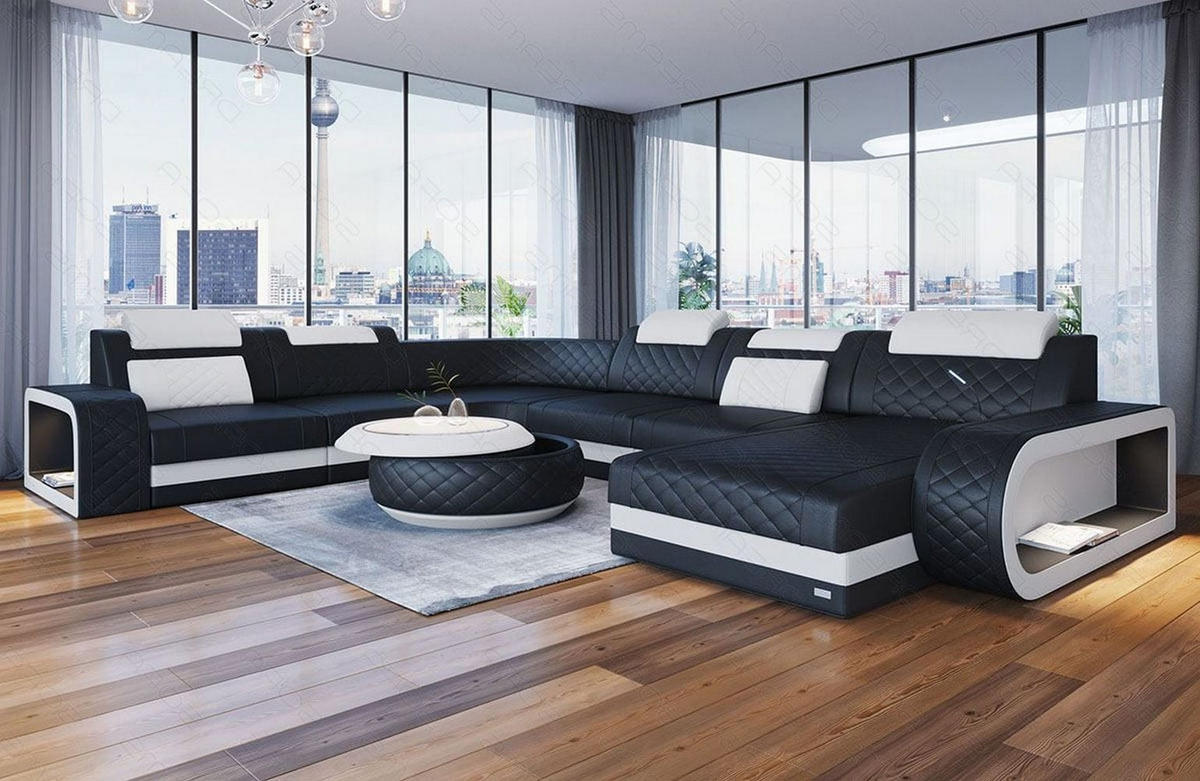 WOHNLANDSCHAFT Berlin U-Form Mini Schwarz Weiß Kunstleder - Schwarz, Textil (362/80/264cm)