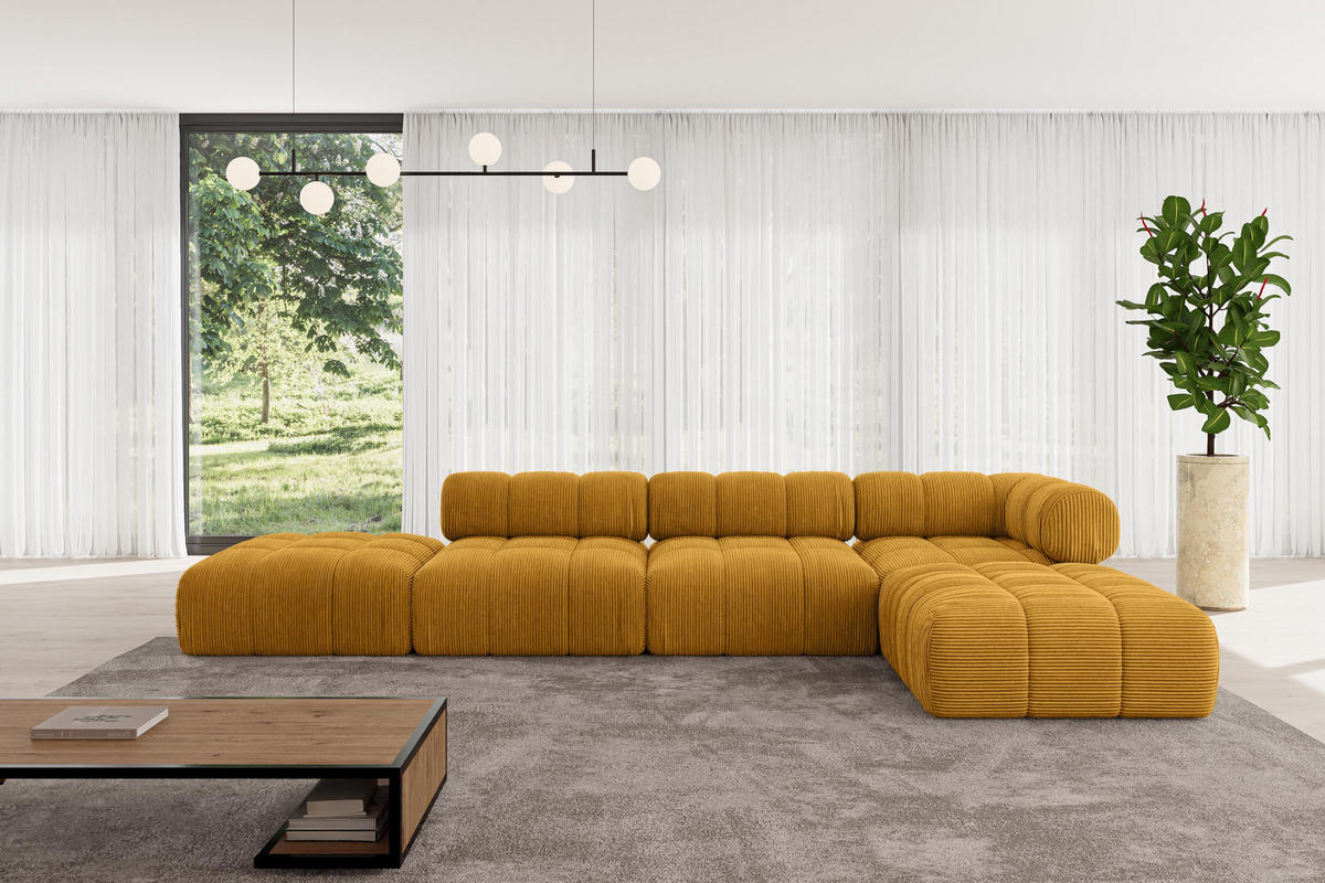 ECKSOFA modulares Sofa Kerru-L2 - 380x190x70 cm Senfgelb Cord - Currygelb, Holzwerkstoff/Textil (380/190cm) - ALTDECOR