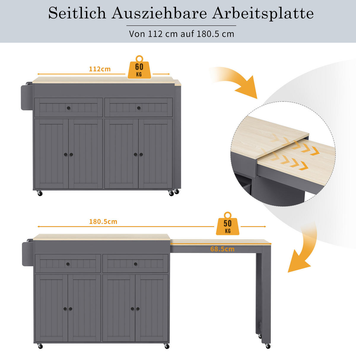 KÜCHENINSEL 112-180,5/45/92,2 cm grau/natur mit Ausziehplatte & Rollen - Grau, Holzwerkstoff (180.5/92.2/45cm) - OKWISH
