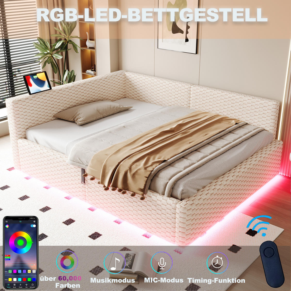 POLSTERBETT 140/200 cm Beige mit LED-Beleuchtung, USB-C-Anschluss und 2 USB-Anschlüssen - Beige, Textil (140/200cm) - Oxeza