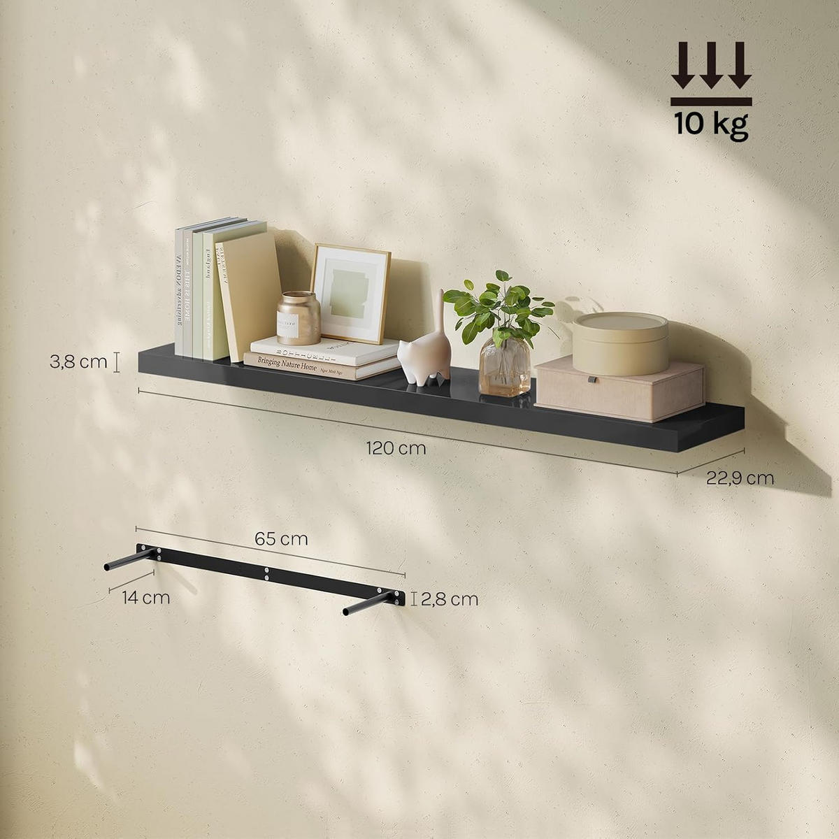 WANDREGAL Freischwebend Schwarz 120B x 22,9L x 3,8H - Schwarz Hochglanz, Holz (120/3.8/22.9cm) - Woltu