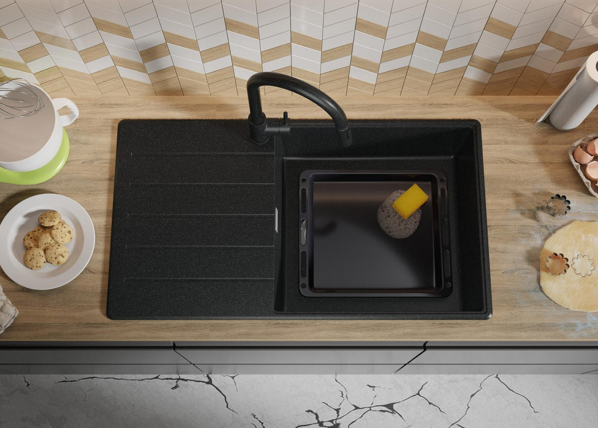 SPÜLBECKEN Kopenhagen, 2-er set Anthrazit 90/50 cm 1 Becken + Ablauf-Set + Schneidebrett ab 60er Unterschrank - Chromfarben/Anthrazit, Kunststoff (90/20/50cm) - Primagran