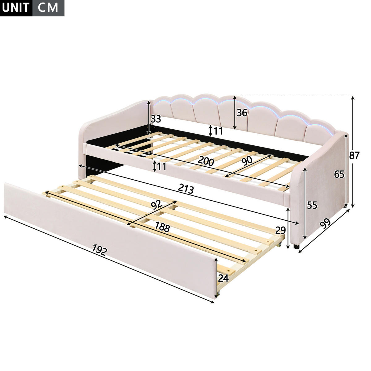 TAGESBETT 90/200 cm mit ausziehbarem Rollbett, LED-Beleuchtung und Samtbezug, Rosa - Rosa, Textil (90/200cm) - Redom