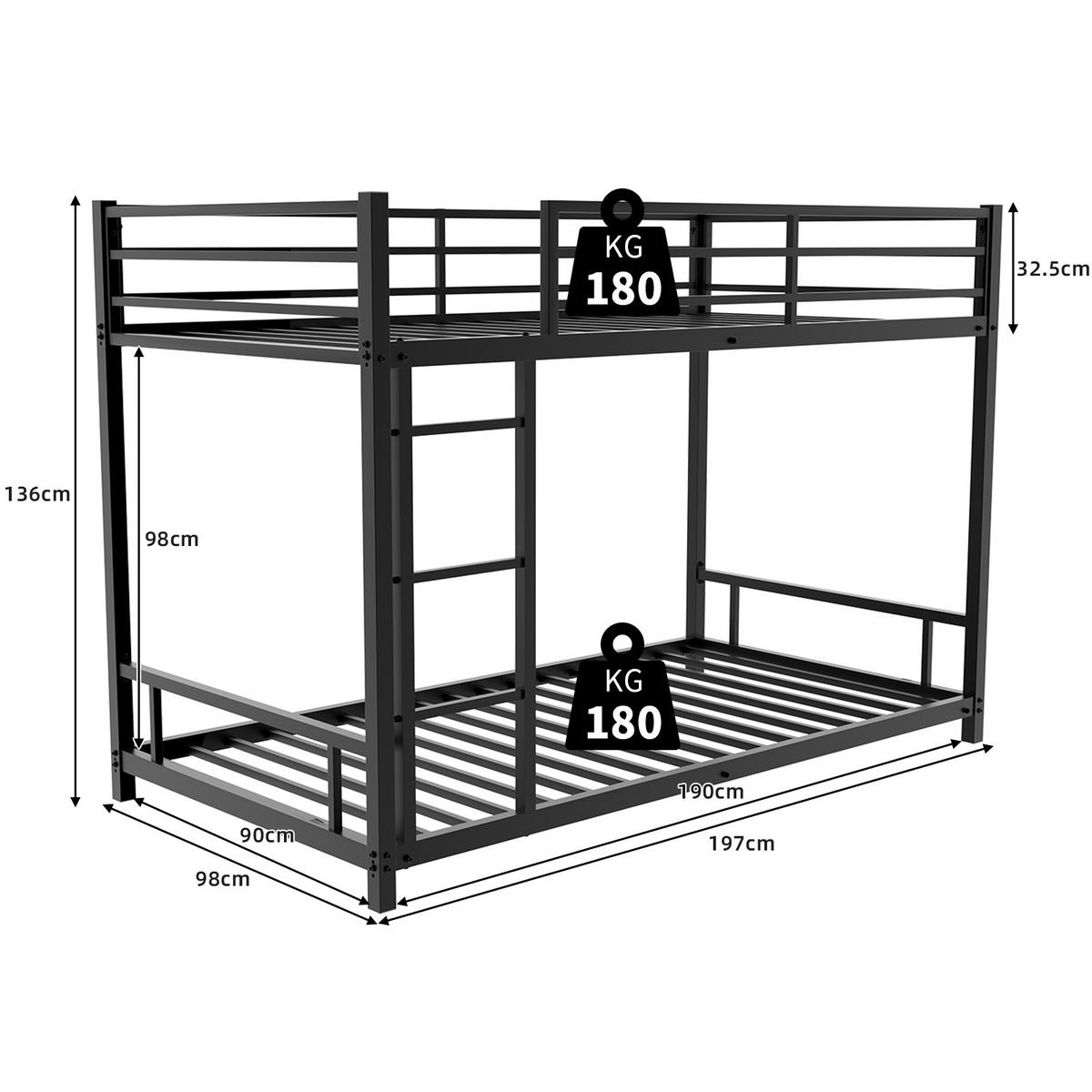 ETAGENBETT 90/200 cm Schwarz mit Leiter und Sicherheitsgeländer, Eisen - Schwarz, Metall (90/200cm) - Oxeza