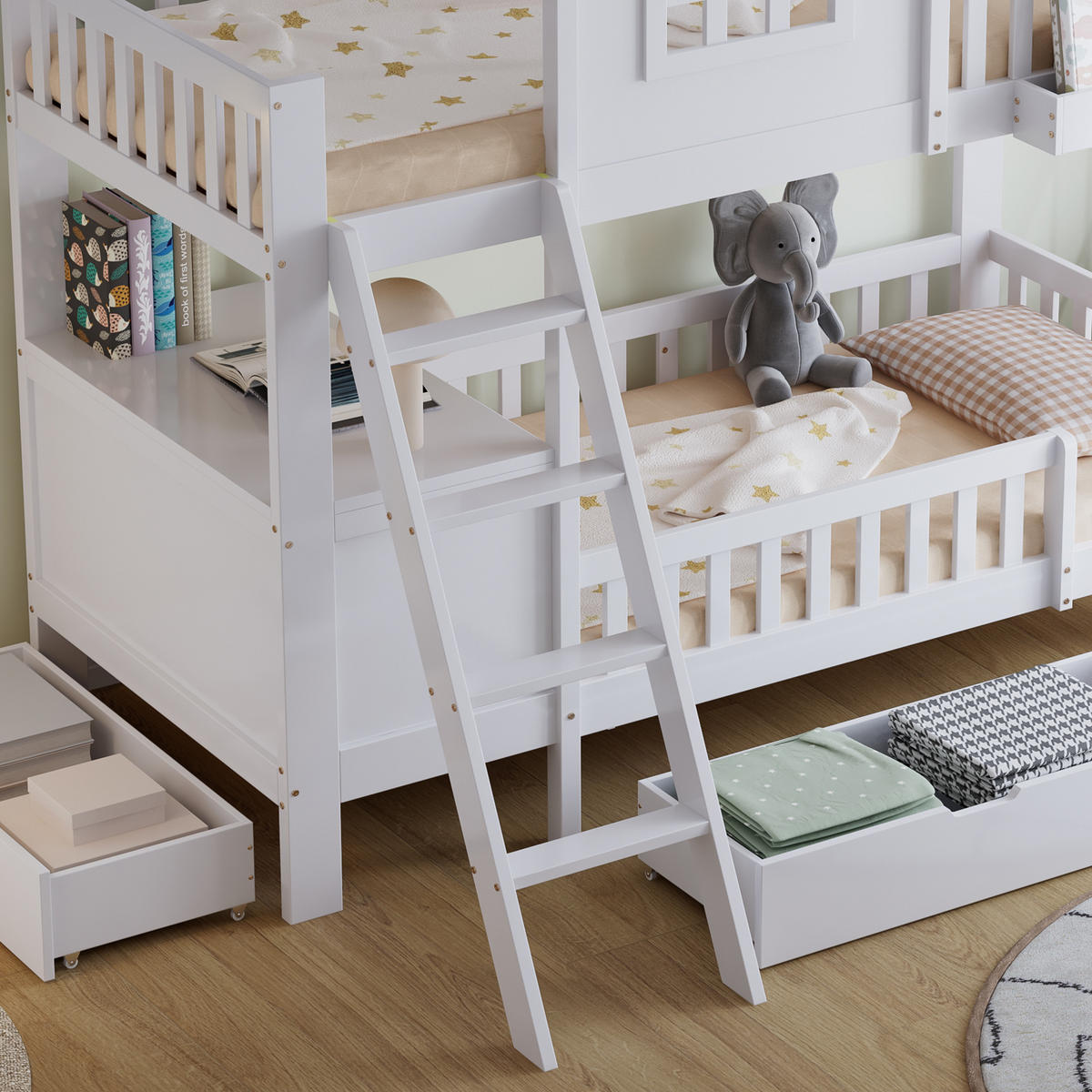 ETAGENBETT 90/200 cm Weiß mit Schubladen, Dach und Lesetisch aus Kiefer und MDF - Weiß, Holzwerkstoff (90/200cm) - OKWISH