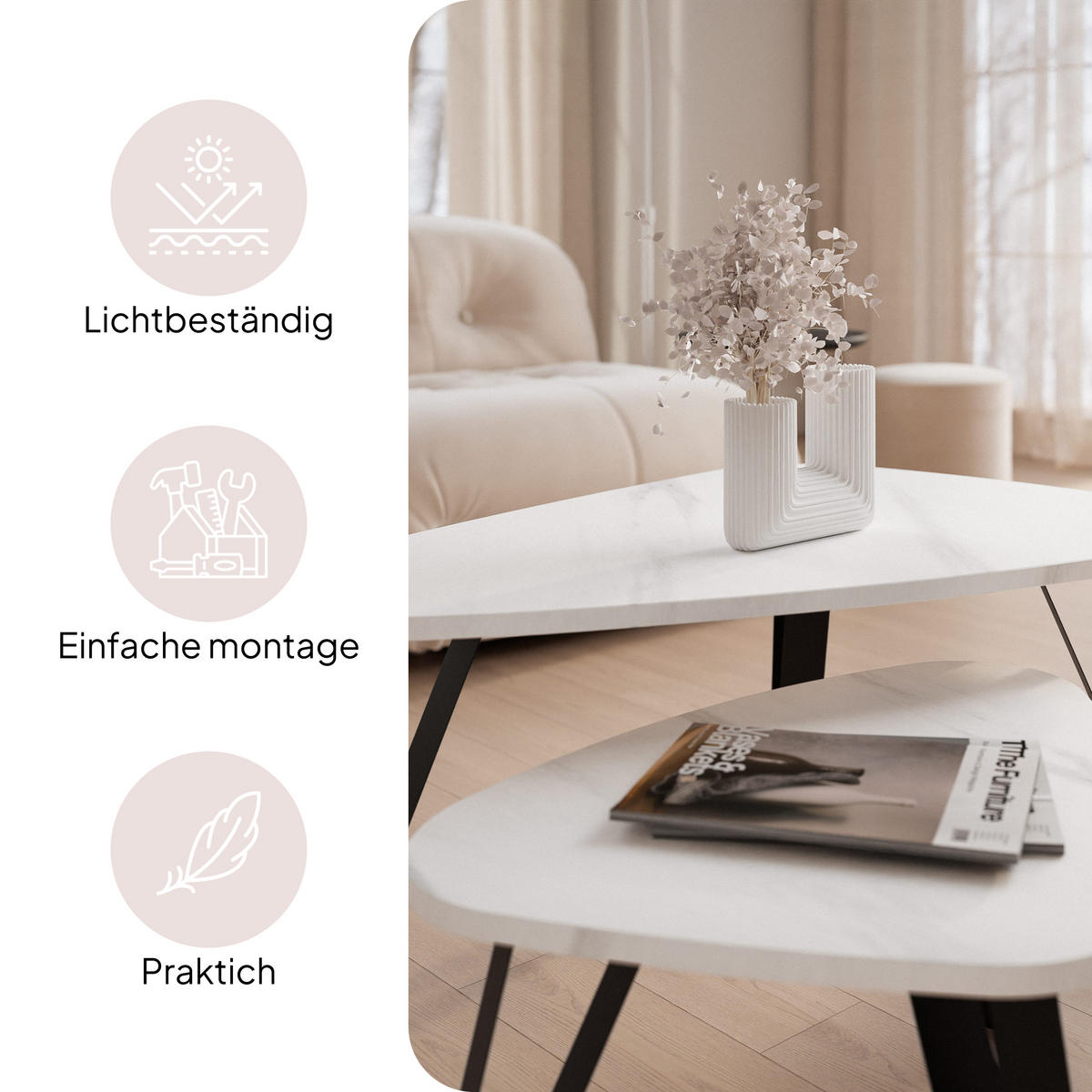 SATZTISCH NOA Stahlgestell, Freiform, Schwarz / Bianco Marmor - Schwarz/Weiß, Holzwerkstoff (94/60/42cm) - Idohome
