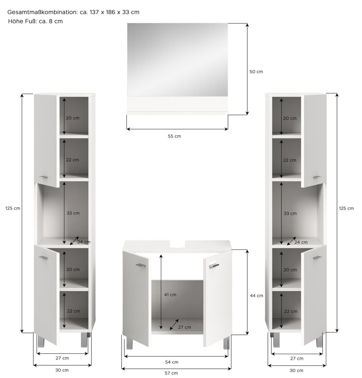 BADMÖBEL-SET weiß 4-teilig 140 cm, Kombination hängend oder stehend - Weiß, Glas/Holzwerkstoff (137/186/33cm) - Inn.Furn