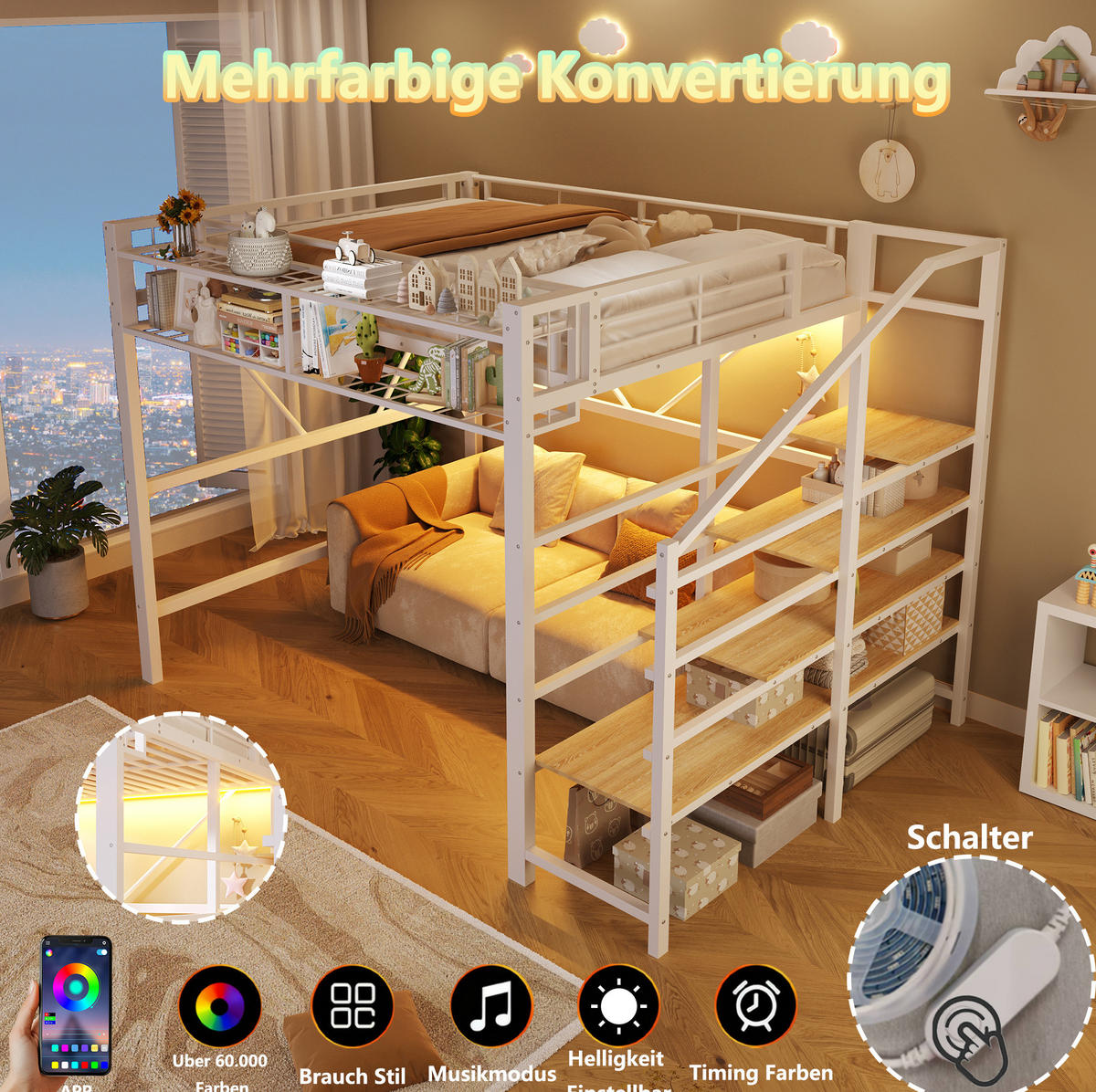 HOCHBETT 140/200 cm Weiß mit LED ohne Matratze - Weiß, Metall (140/200cm) - MIVRAY