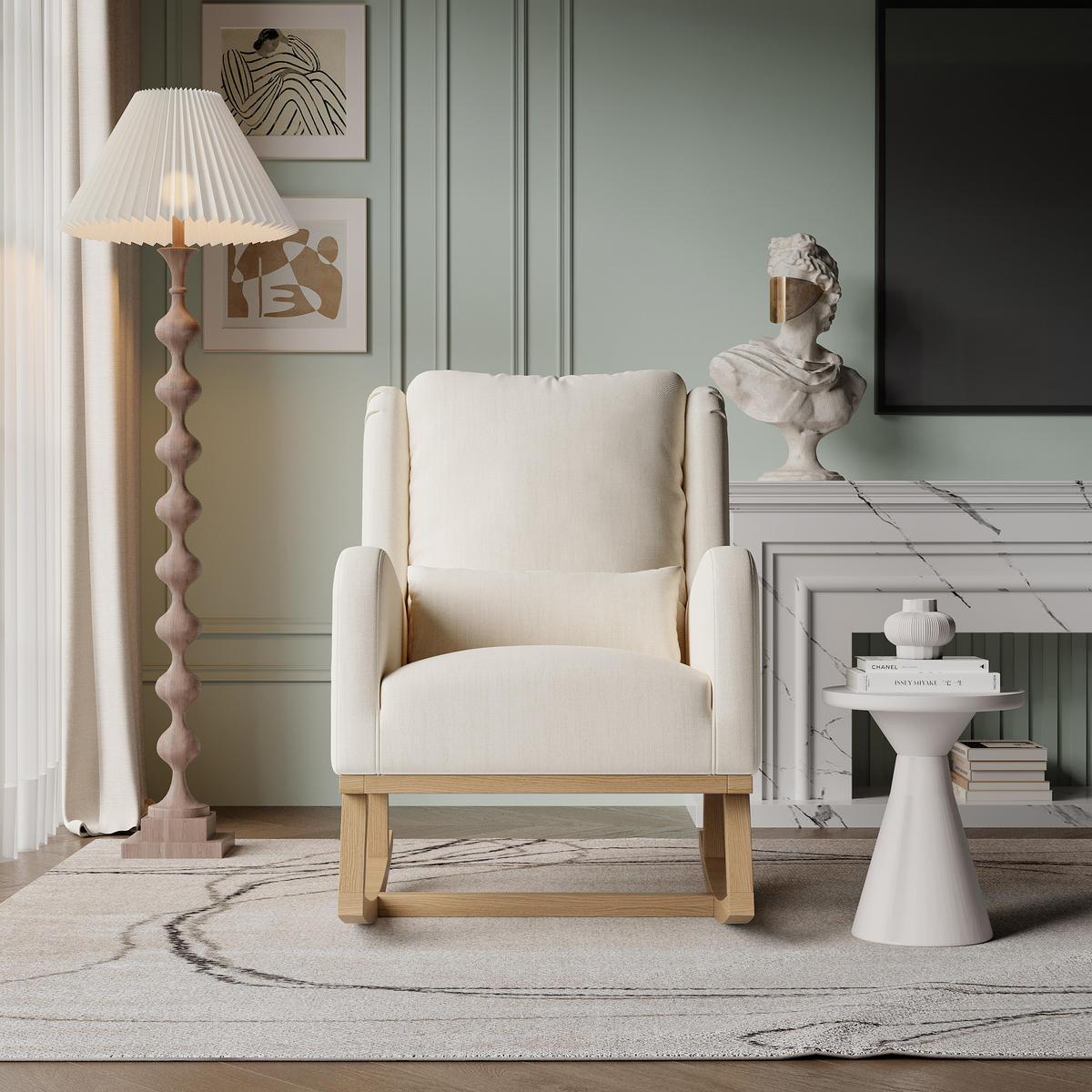 SCHAUKELSTUHL Schaukelsessel mit 2 Seitentaschen, Beige - Beige, Holz (93/96/68cm)